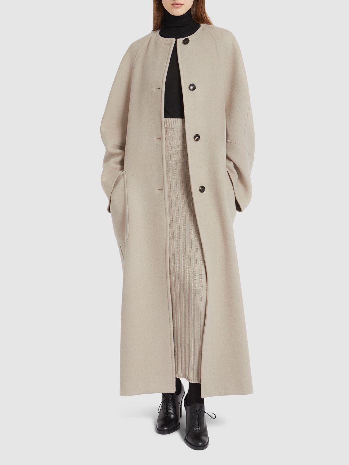 Shop Max Mara Album Collarless Cashmere Long Coat In Beige