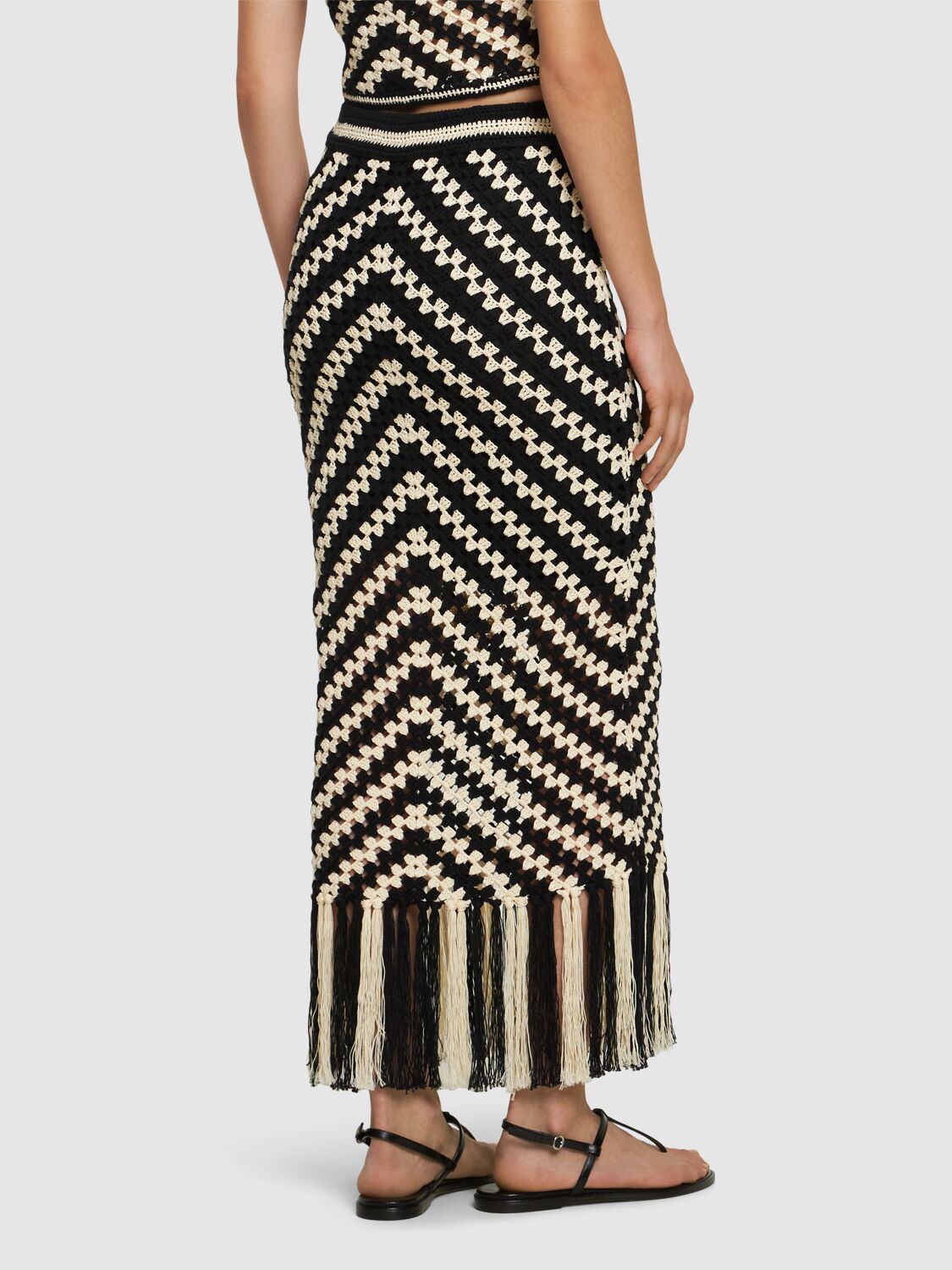 Shop Zimmermann Halliday Hand Crochet Fringed Midi Skirt In Black,off White