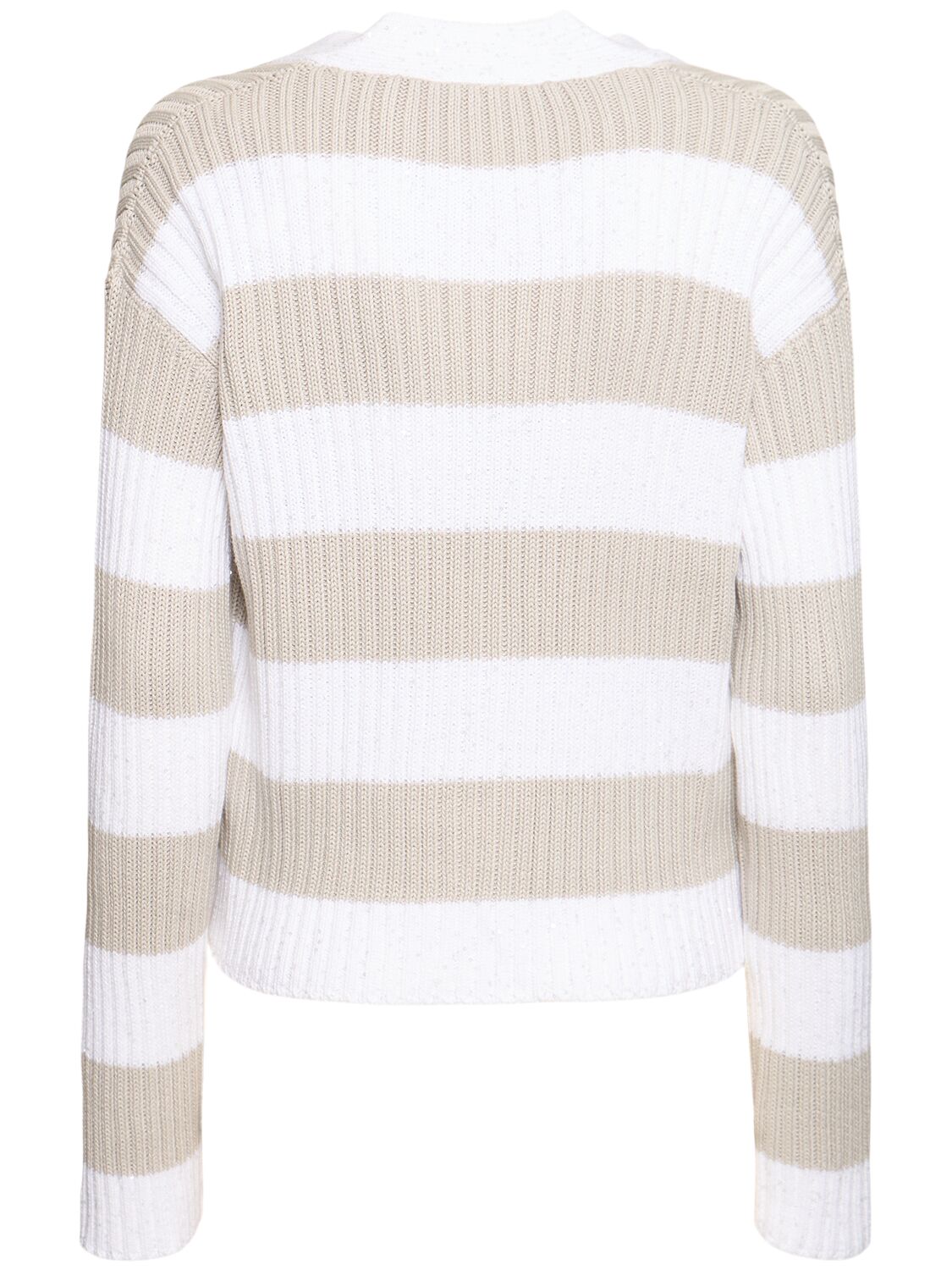 Shop Brunello Cucinelli Striped Cotton Blend Cardigan In White,taupe