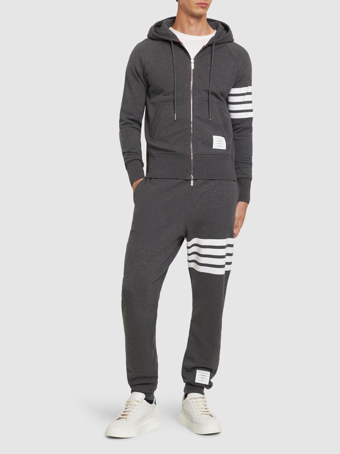 Shop Thom Browne Zip-up Stripes Cotton Sweatshirt Hoodie In Dark Grey