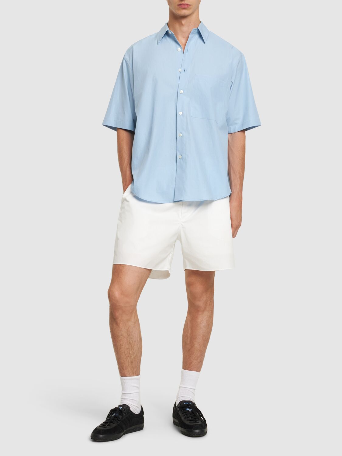 Shop Auralee Oversize Cotton Twill S/s Shirt In Blue