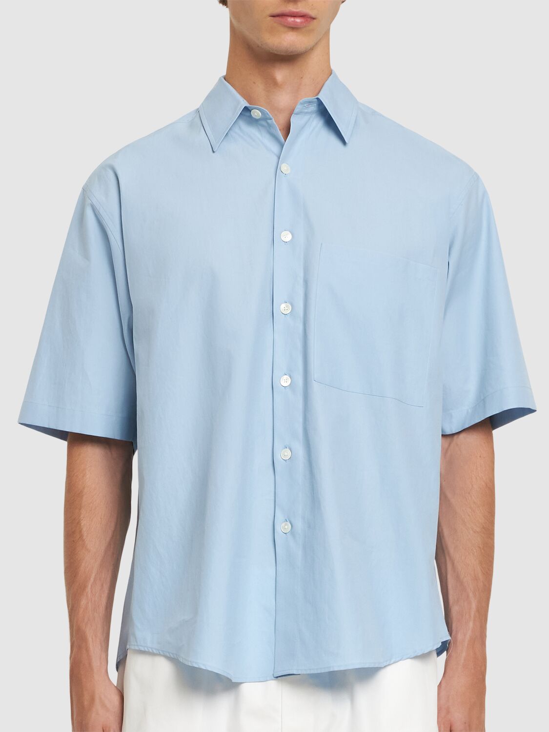 Shop Auralee Oversize Cotton Twill S/s Shirt In Blue