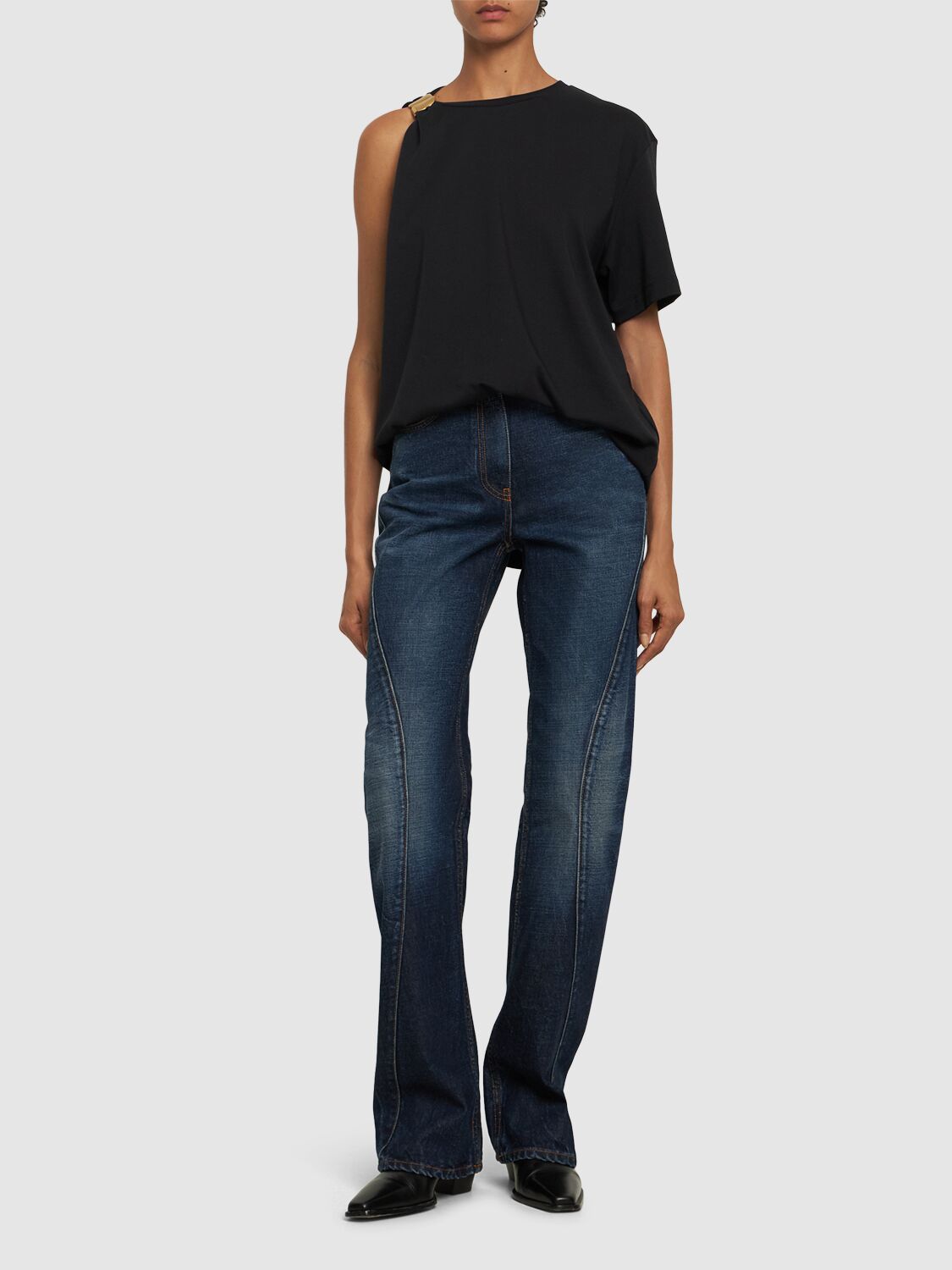 Shop Ferragamo Asymmetric Cotton Blend Jersey Top In Black