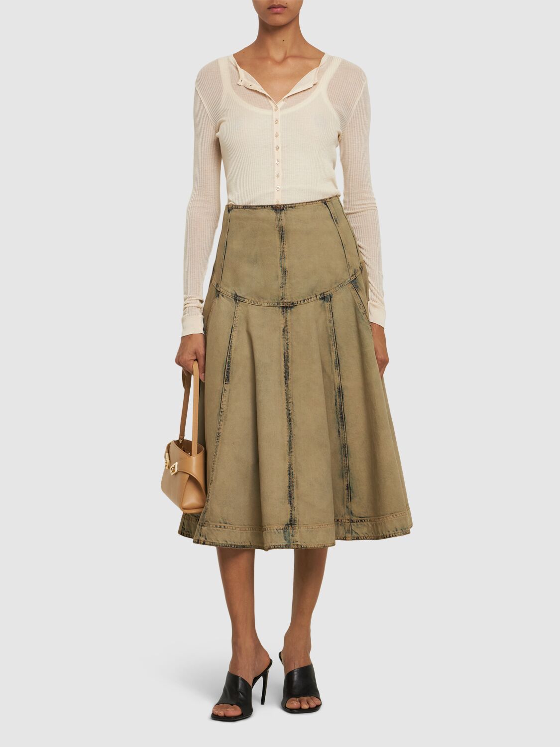 Shop Ferragamo Cotton Blend Denim Midi Skirt In Beige