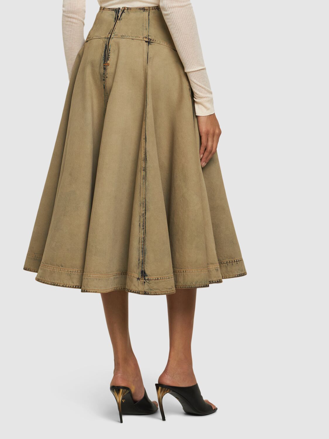 Shop Ferragamo Cotton Blend Denim Midi Skirt In Beige