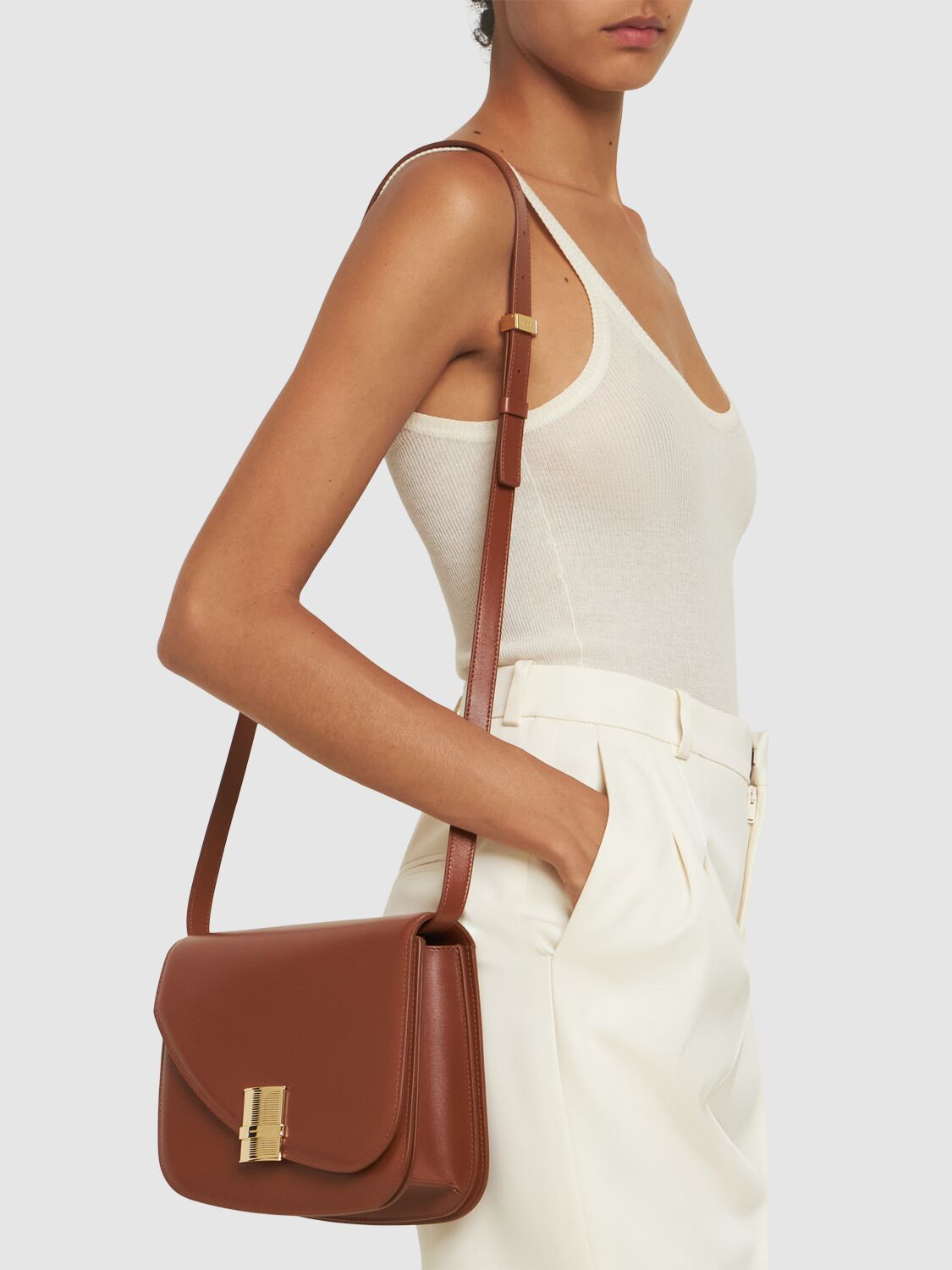 Shop Ferragamo Medium Fiamma Leather Shoulder Bag In Cognac