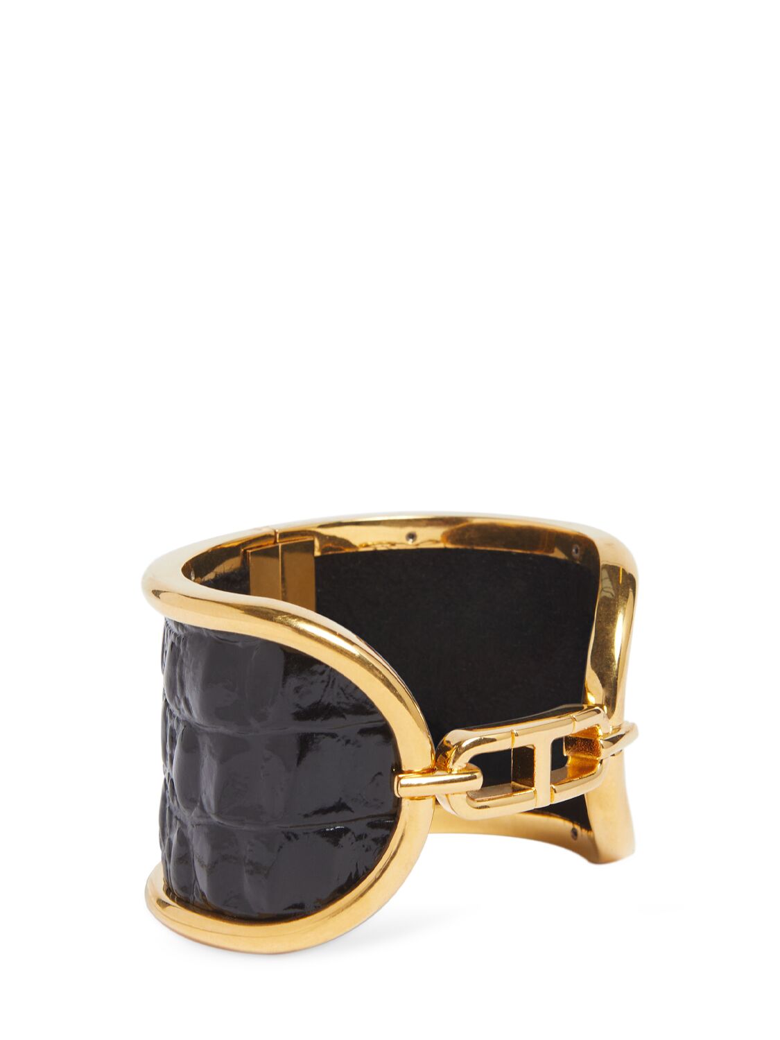 Shop Tom Ford Embossed Leather & Brass Cuff Bracelet In Black