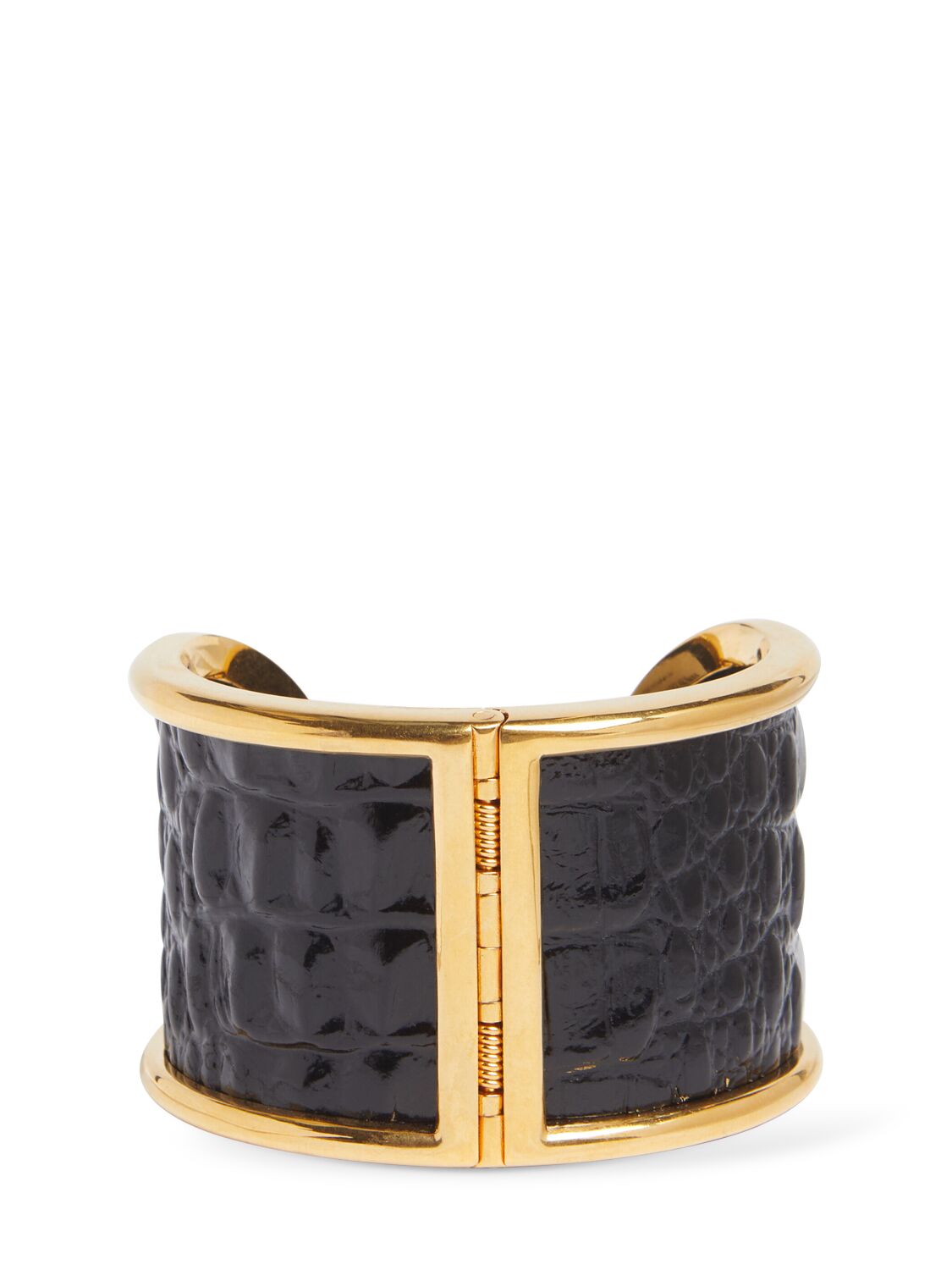 Shop Tom Ford Embossed Leather & Brass Cuff Bracelet In Black