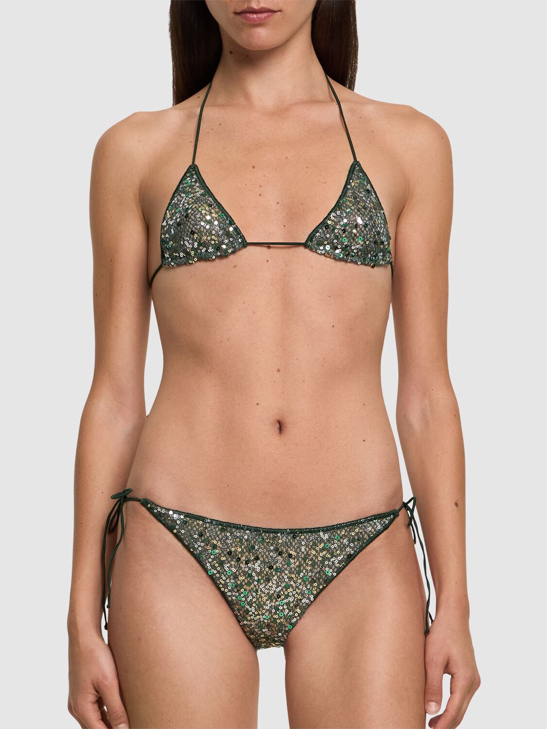 Shop Oséree Swimwear Embellished Triangle Bikini In Green