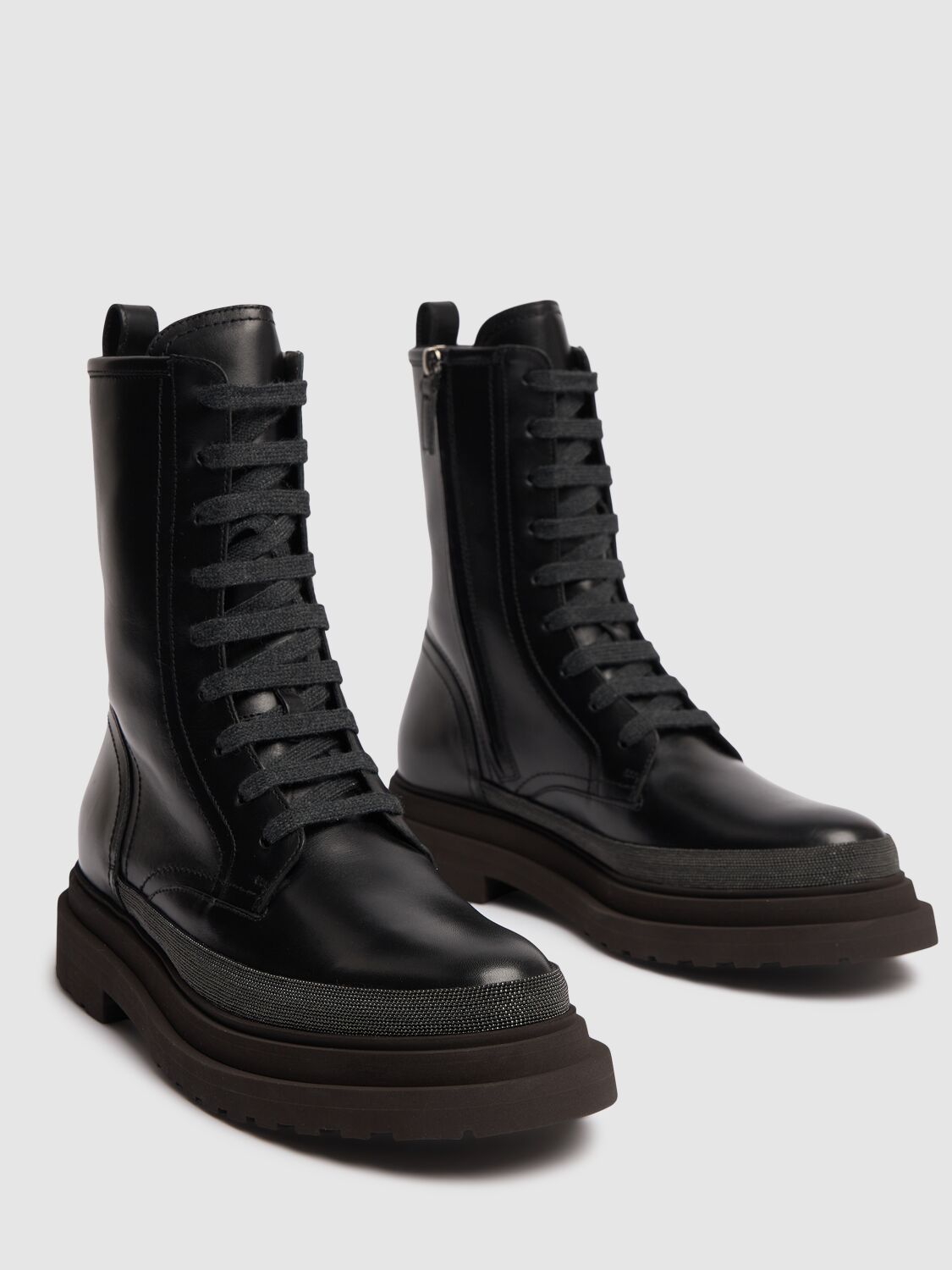 Shop Brunello Cucinelli 30mm Leather & Crystal Combat Boots In Black