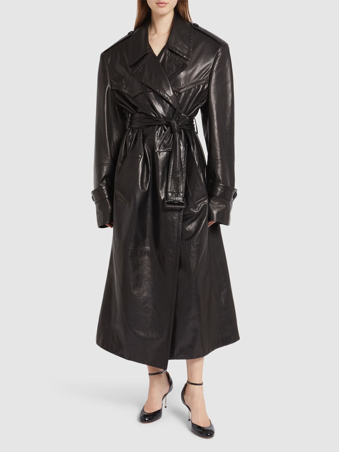 Shop Sportmax Alfeo Long Leather Trench Coat In Black