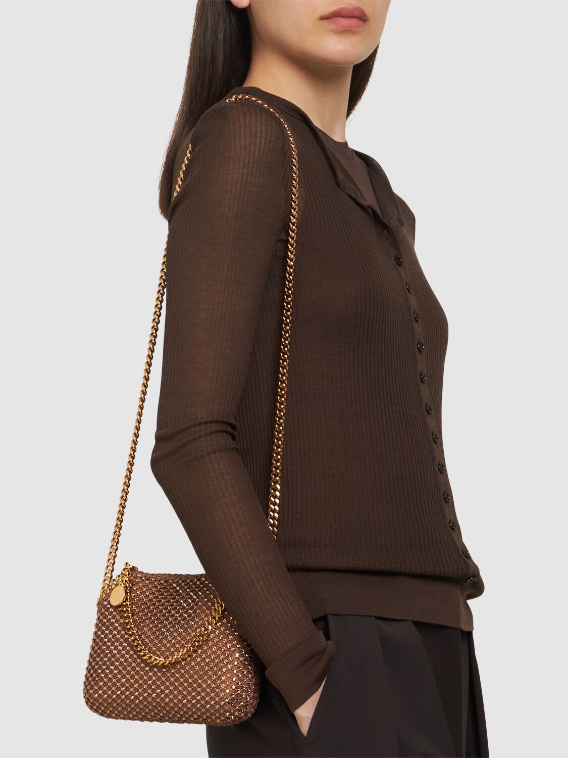 Shop Stella Mccartney Mini Falabella Eco Crystal & Mesh Bag In Brown