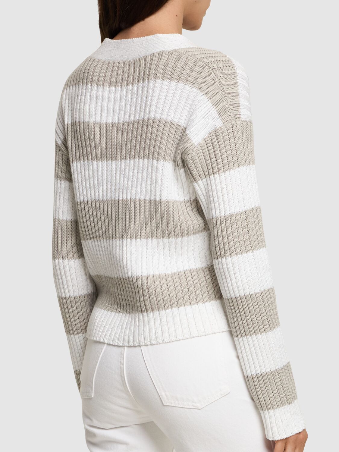 Shop Brunello Cucinelli Striped Cotton Blend Cardigan In White,taupe