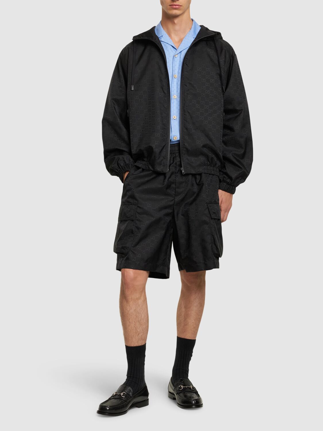 Shop Gucci Gg Logo Nylon Shorts In Black