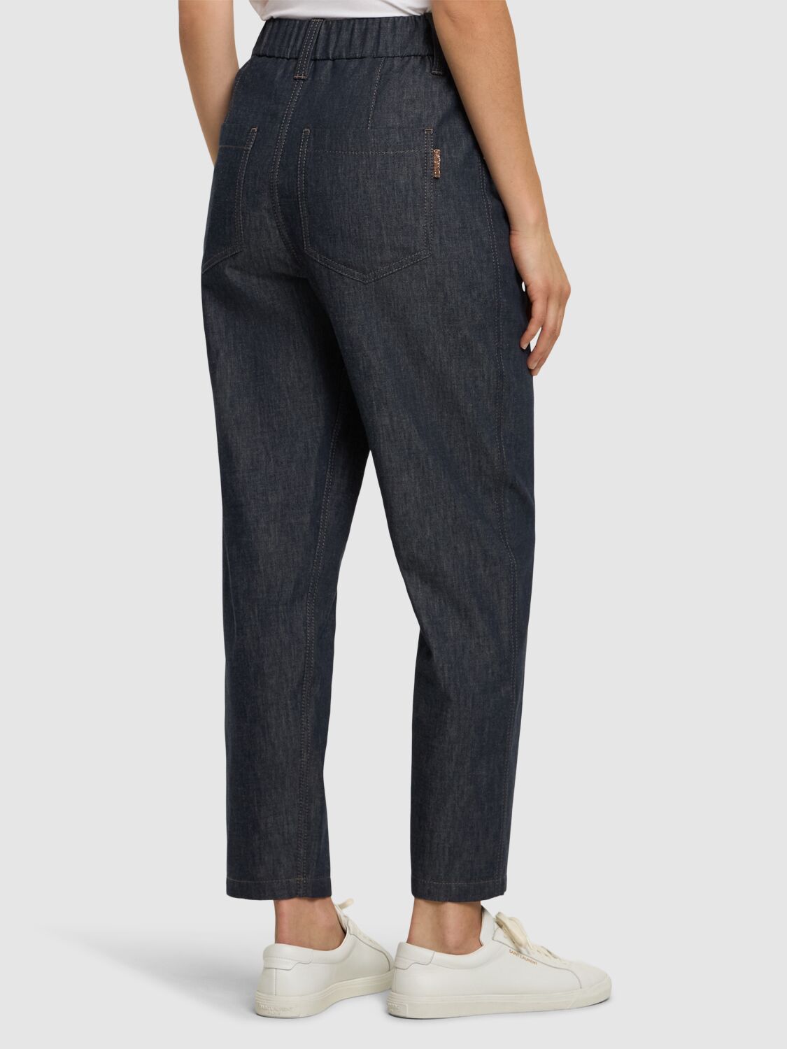 Shop Brunello Cucinelli Elastic Waist Denim Straight Pants In Blue