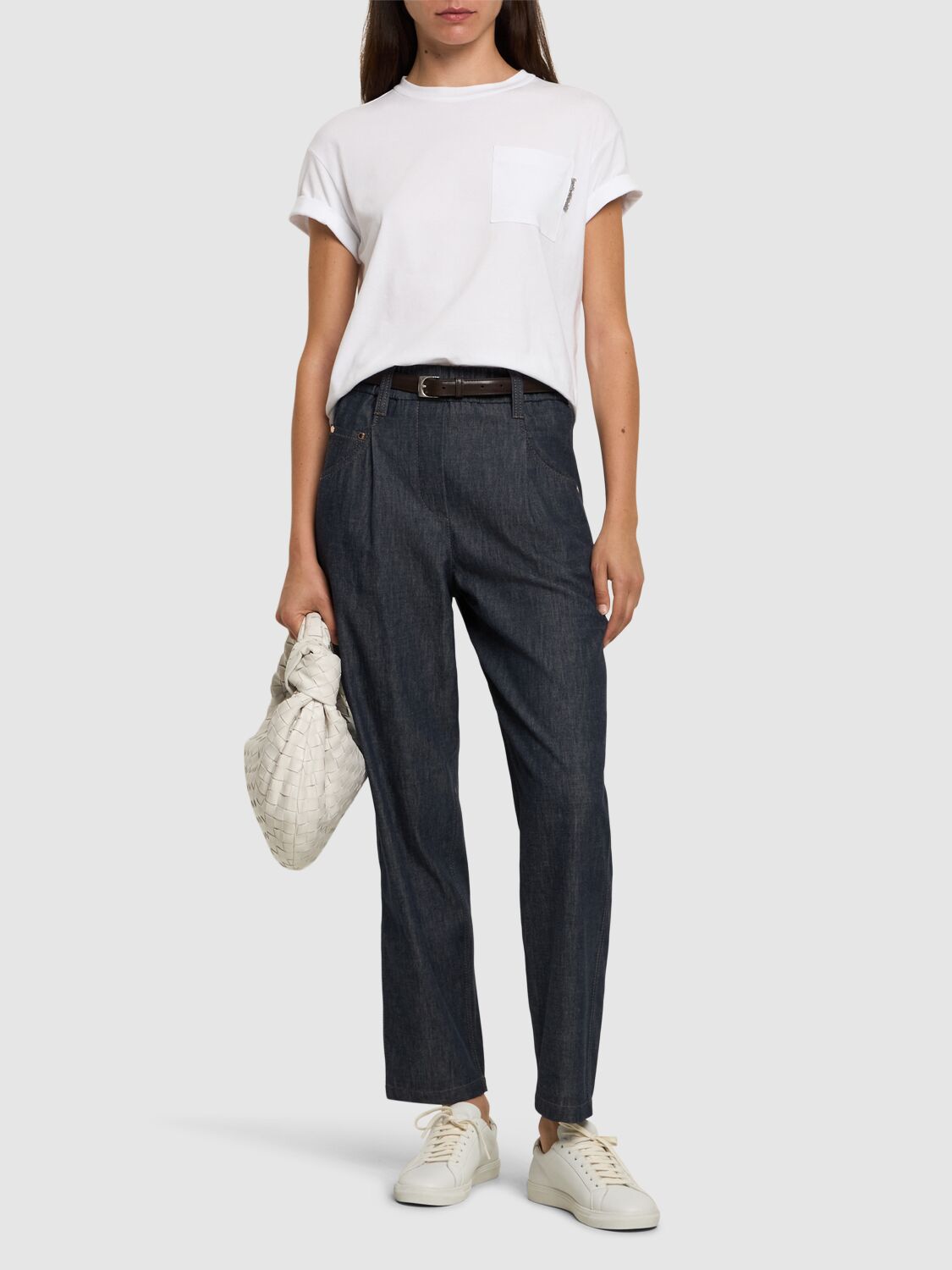 Shop Brunello Cucinelli Elastic Waist Denim Straight Pants In Blue