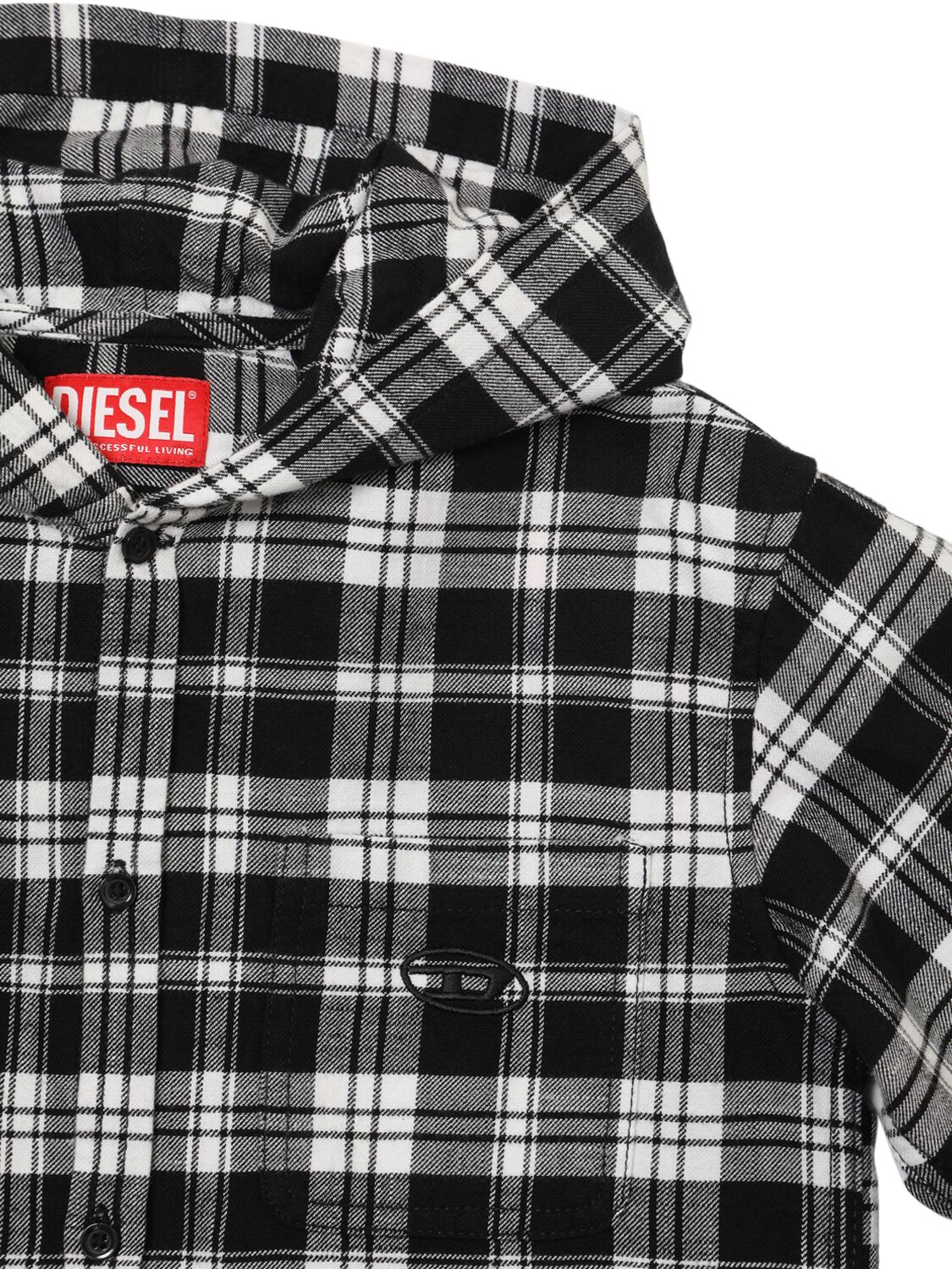 Shop Diesel Check Print Cotton Hooded Overshirt In Black/white