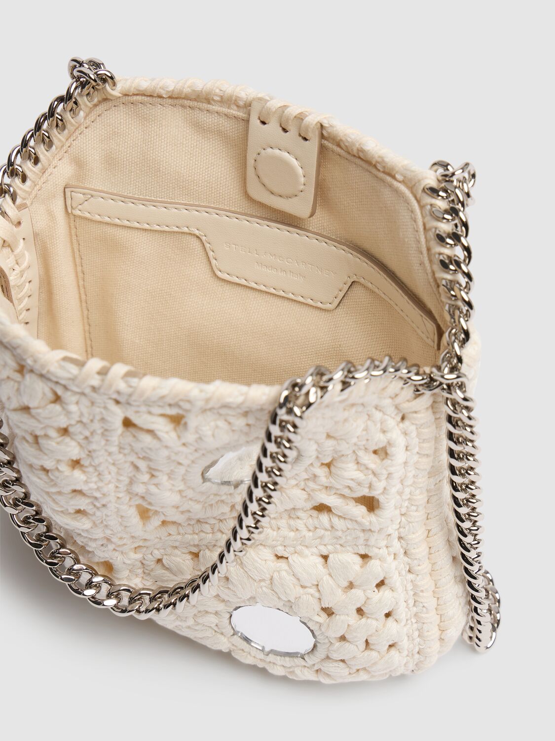 Shop Stella Mccartney Mini Crochet Shoulder Bag W/mirrors In Butter/cream