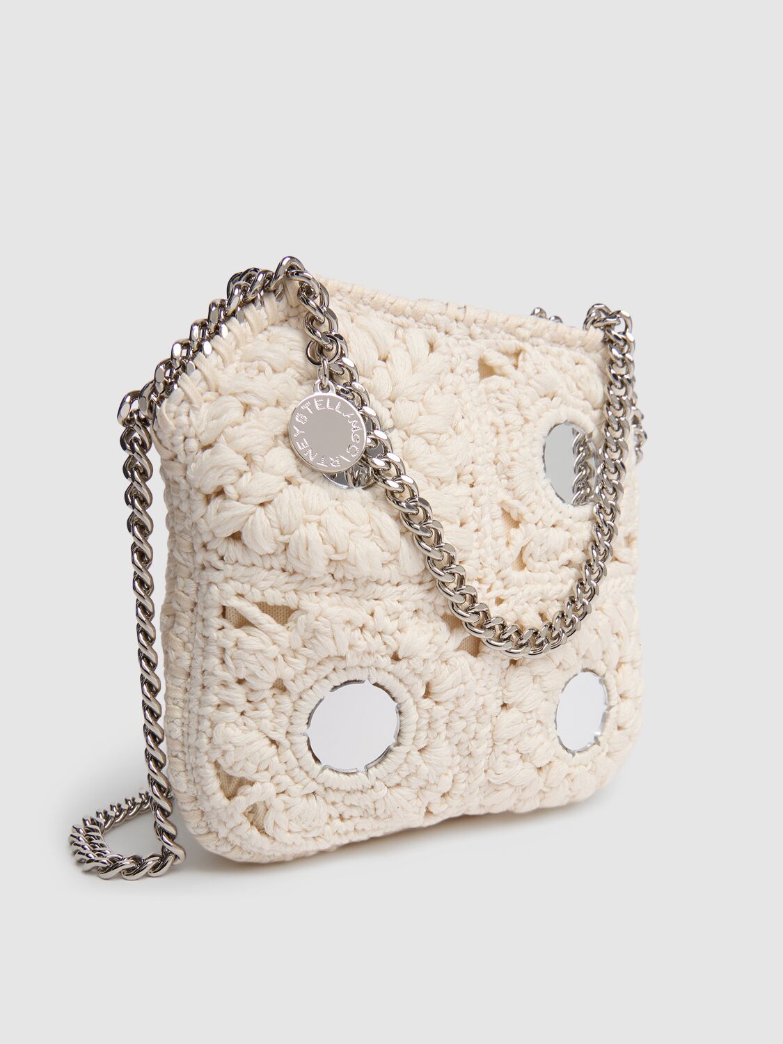 Shop Stella Mccartney Mini Crochet Shoulder Bag W/mirrors In Butter/cream