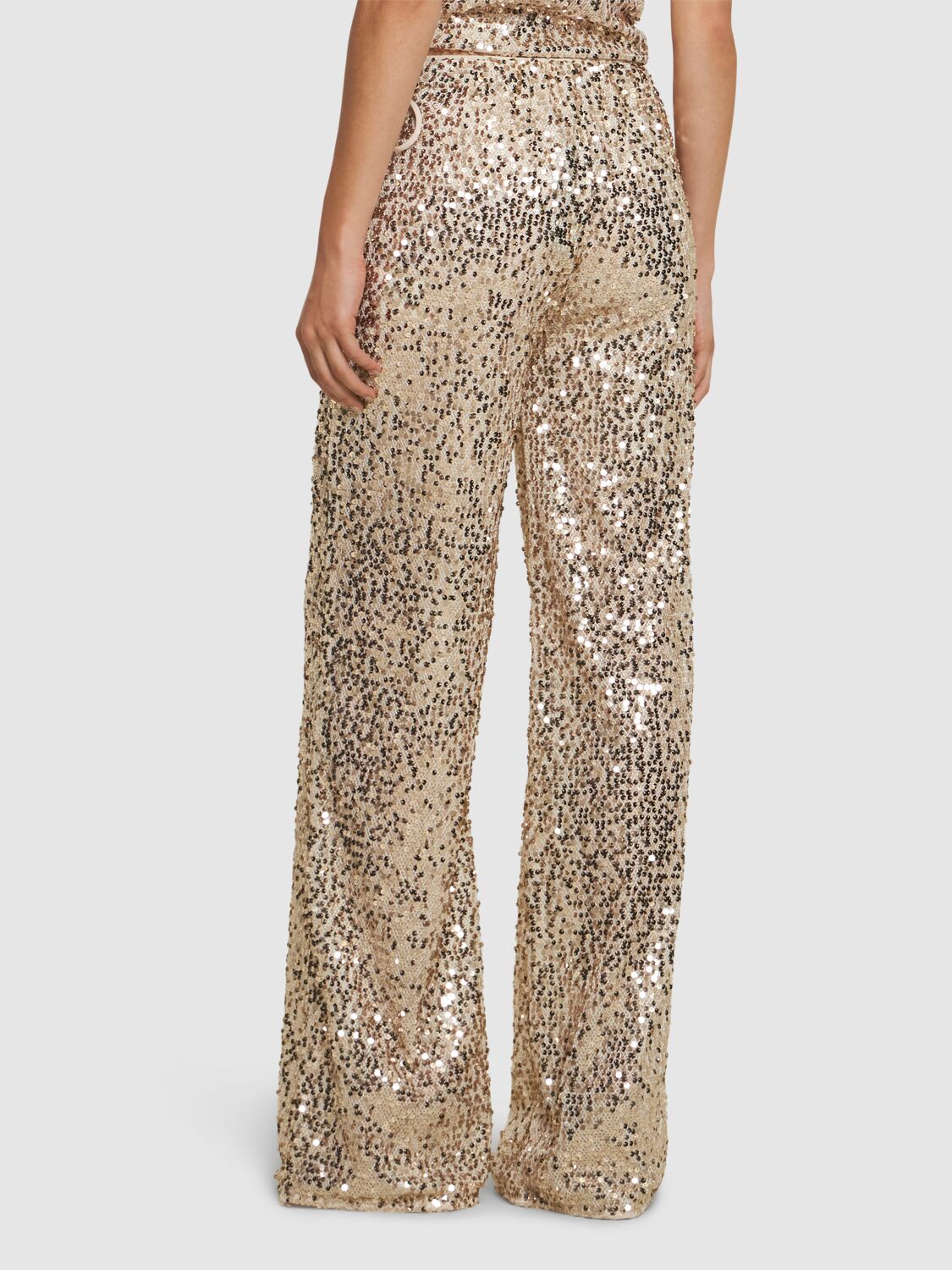 Shop Rotate Birger Christensen Nolan Embellished Wide Pants In Beige,gold