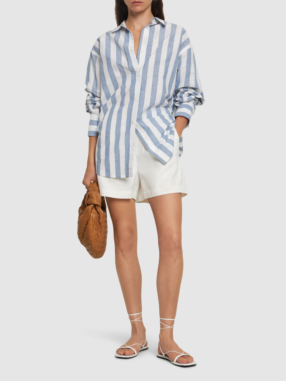 Shop Anine Bing Plaza Striped Cotton & Linen Shirt In White,blue