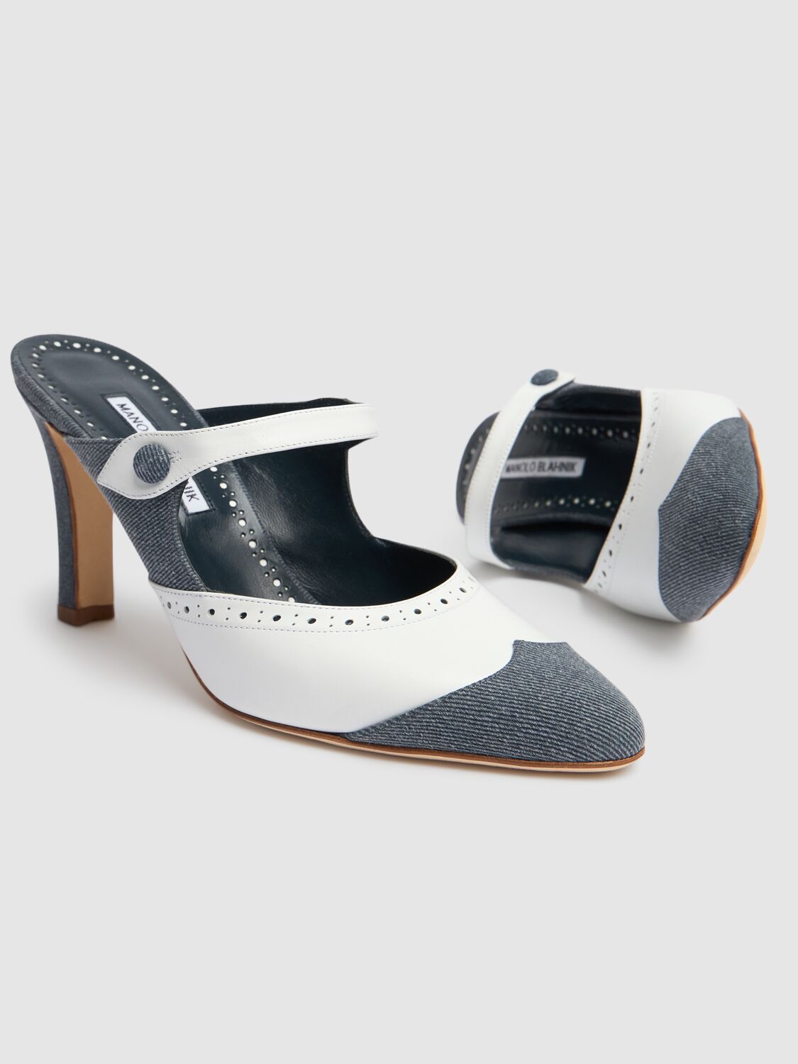 MANOLO BLAHNIK 90MM AGATHANU DENIM & LEATHER MULES 