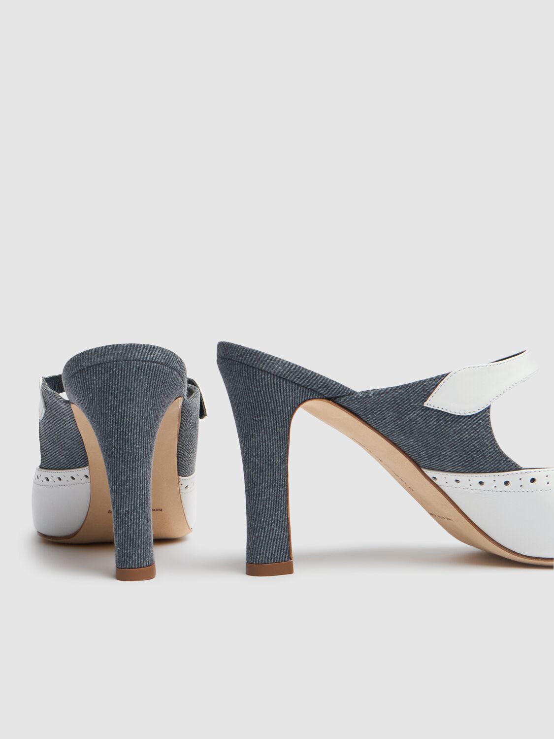 MANOLO BLAHNIK 90MM AGATHANU DENIM & LEATHER MULES 