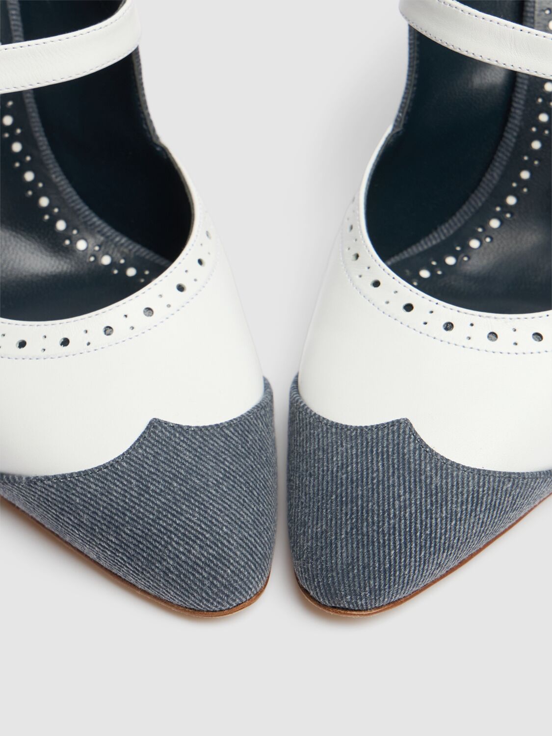 MANOLO BLAHNIK 90MM AGATHANU DENIM & LEATHER MULES 