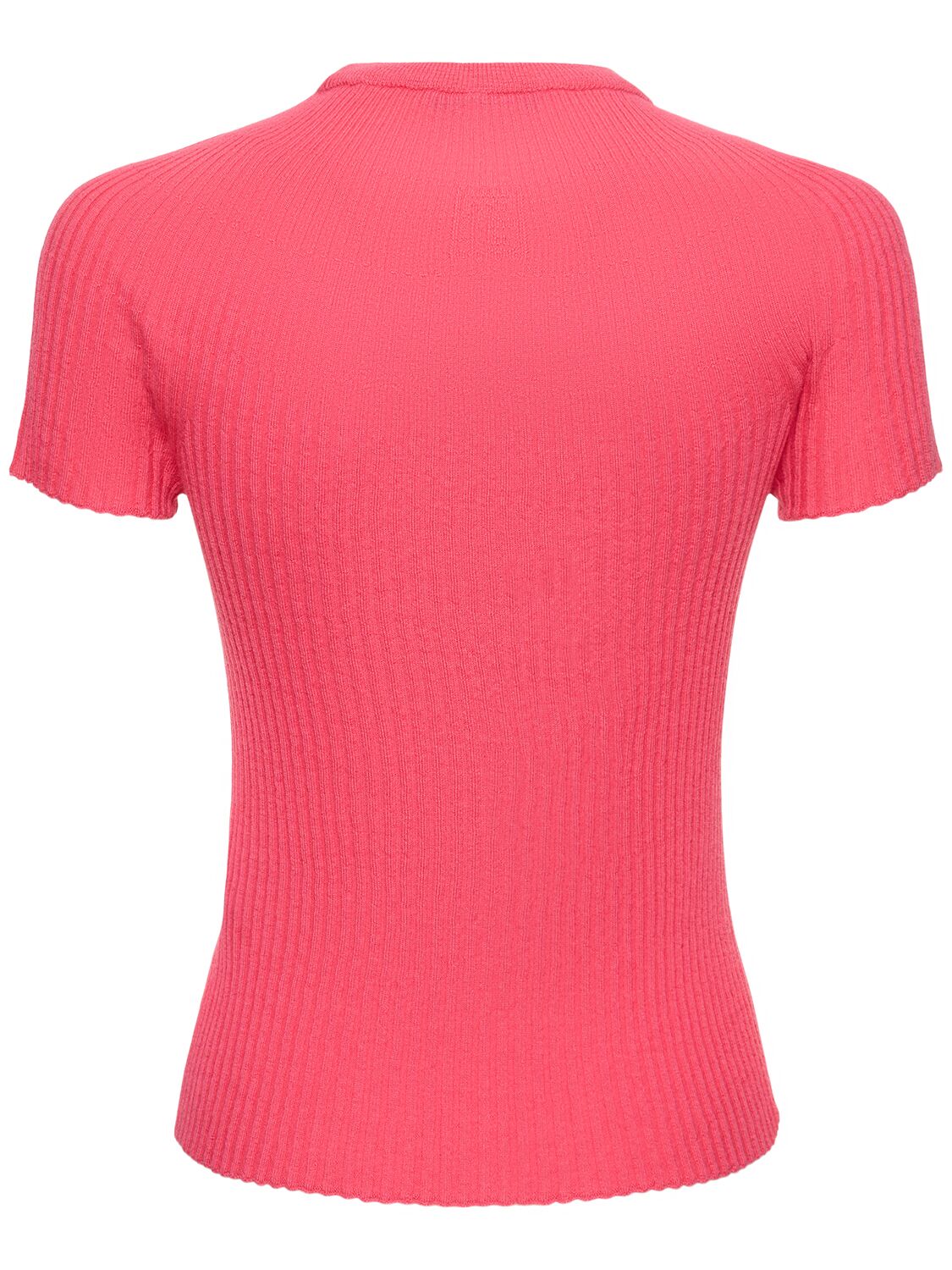 Shop Balmain Rib Knit Wool Short Sleeve Top In Fuchsia