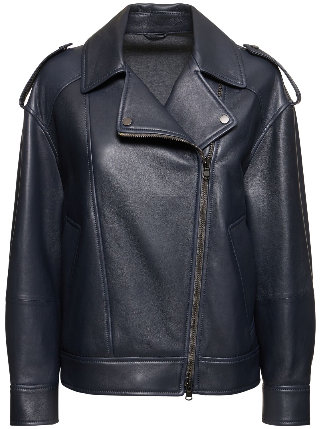 Brunello Cucinelli Leather Biker Jacket In Dark Blue