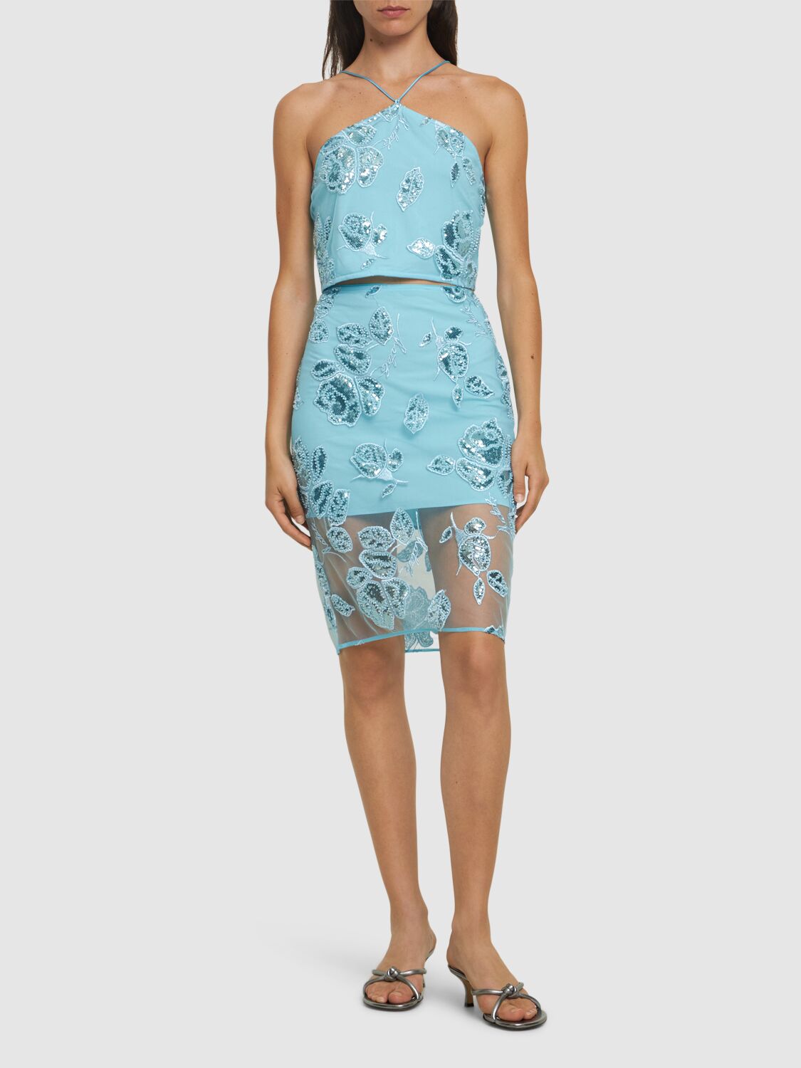 Shop Rotate Birger Christensen Dula Beaded Midi Pencil Skirt In Light Blue