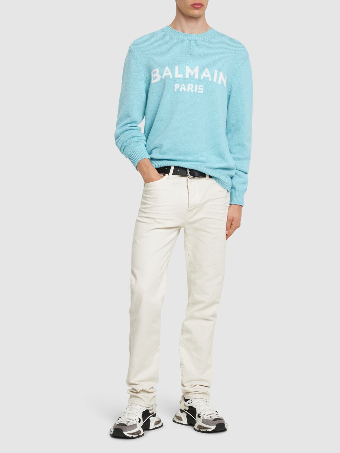 Shop Balmain Wool Sweater In Snc Bleu Ciel