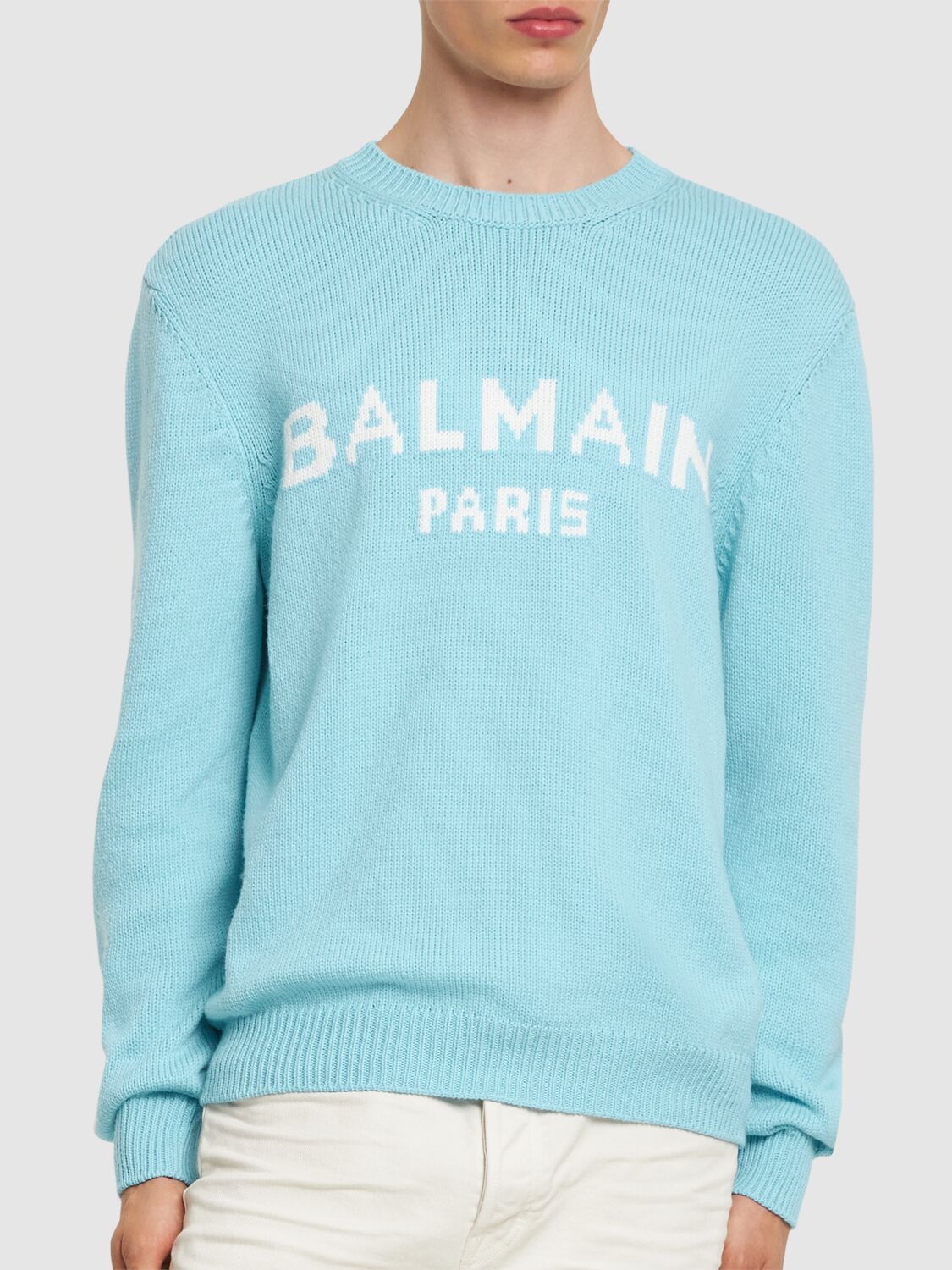 Shop Balmain Wool Sweater In Snc Bleu Ciel