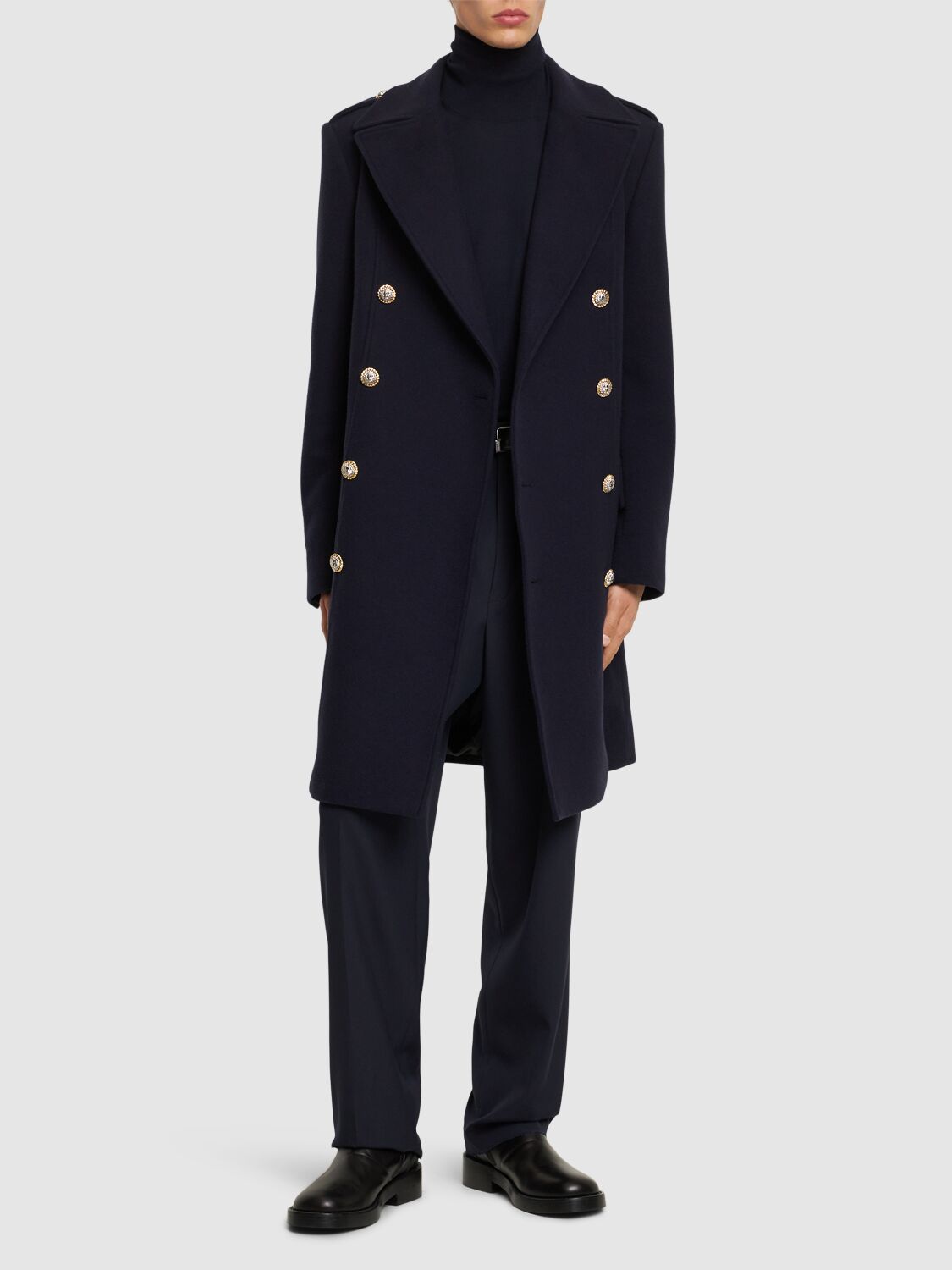 Shop Balmain Double Breast Felted Wool Coat In 6uc Marine