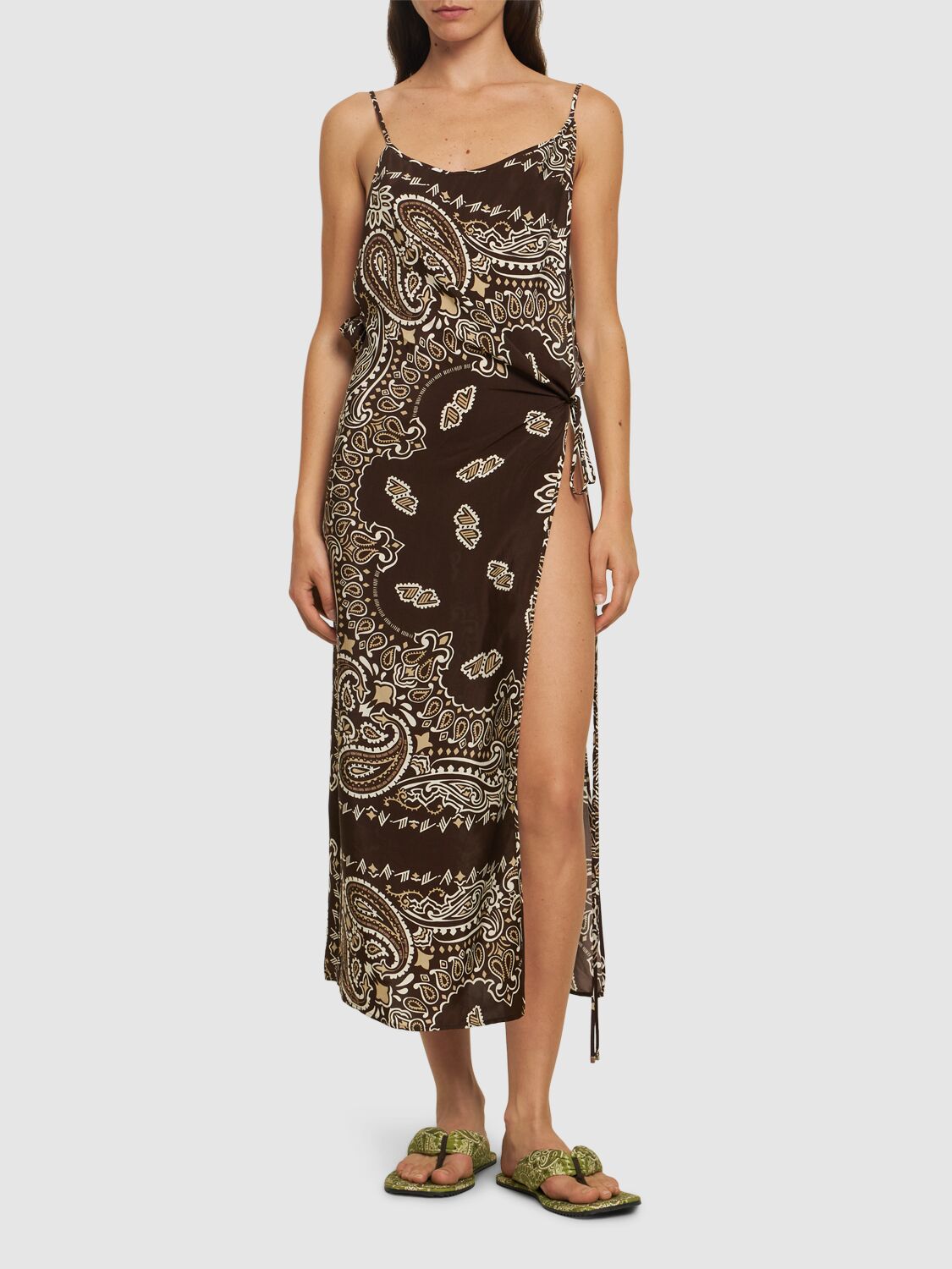 Shop Attico Printed Viscose Twill Midi Dress In Downtown Brown