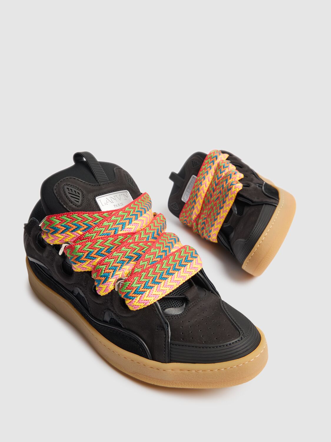 Lanvin Curb Sneakers In Leather And Suede With Multicolor Laces In Schwarz