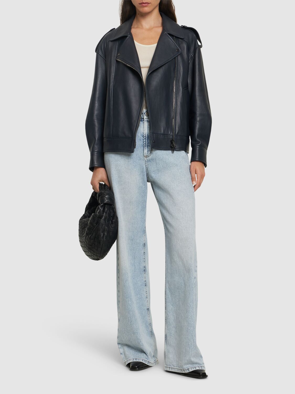 Shop Brunello Cucinelli Leather Biker Jacket In Dark Blue