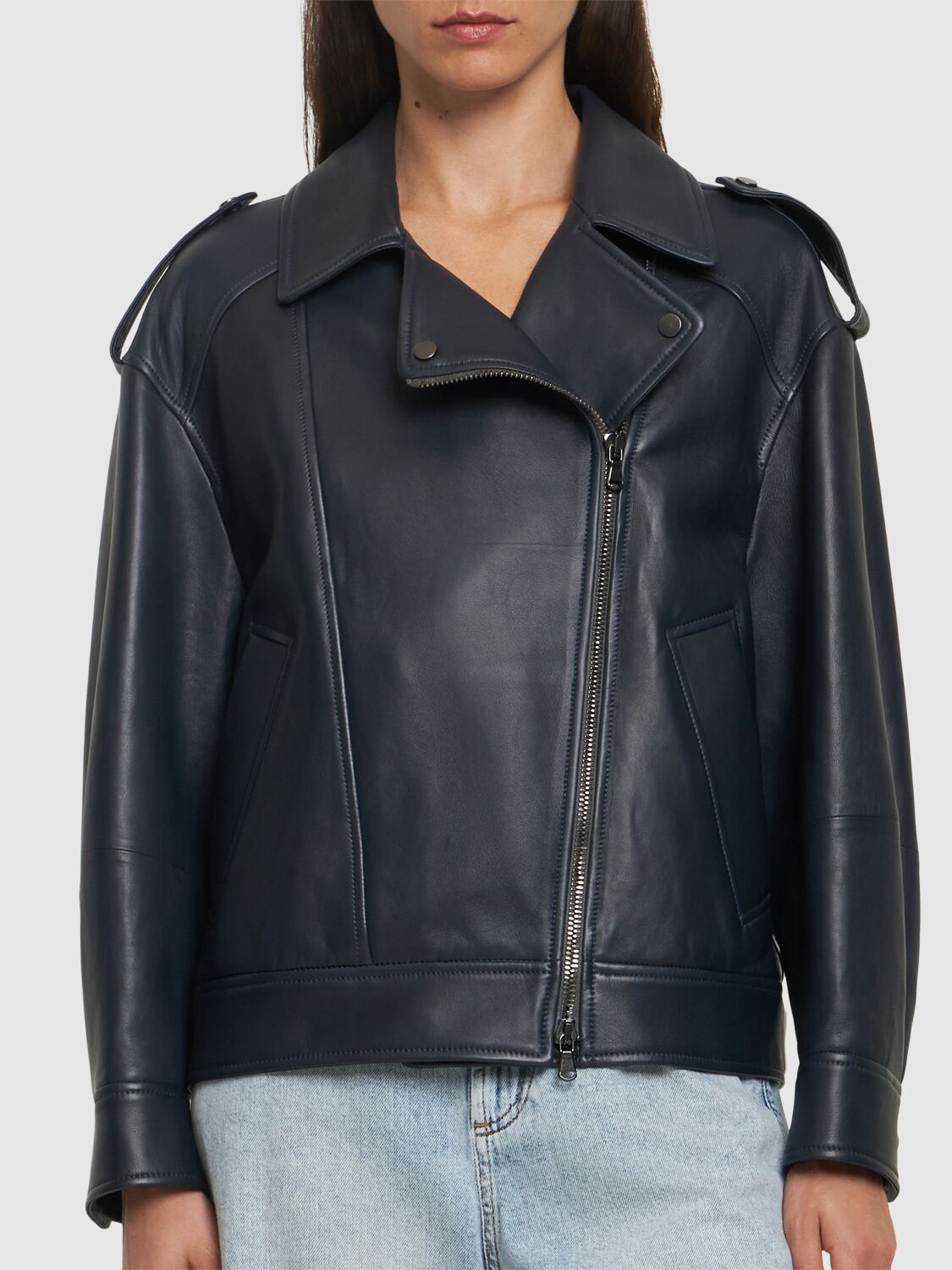 Shop Brunello Cucinelli Leather Biker Jacket In Dark Blue