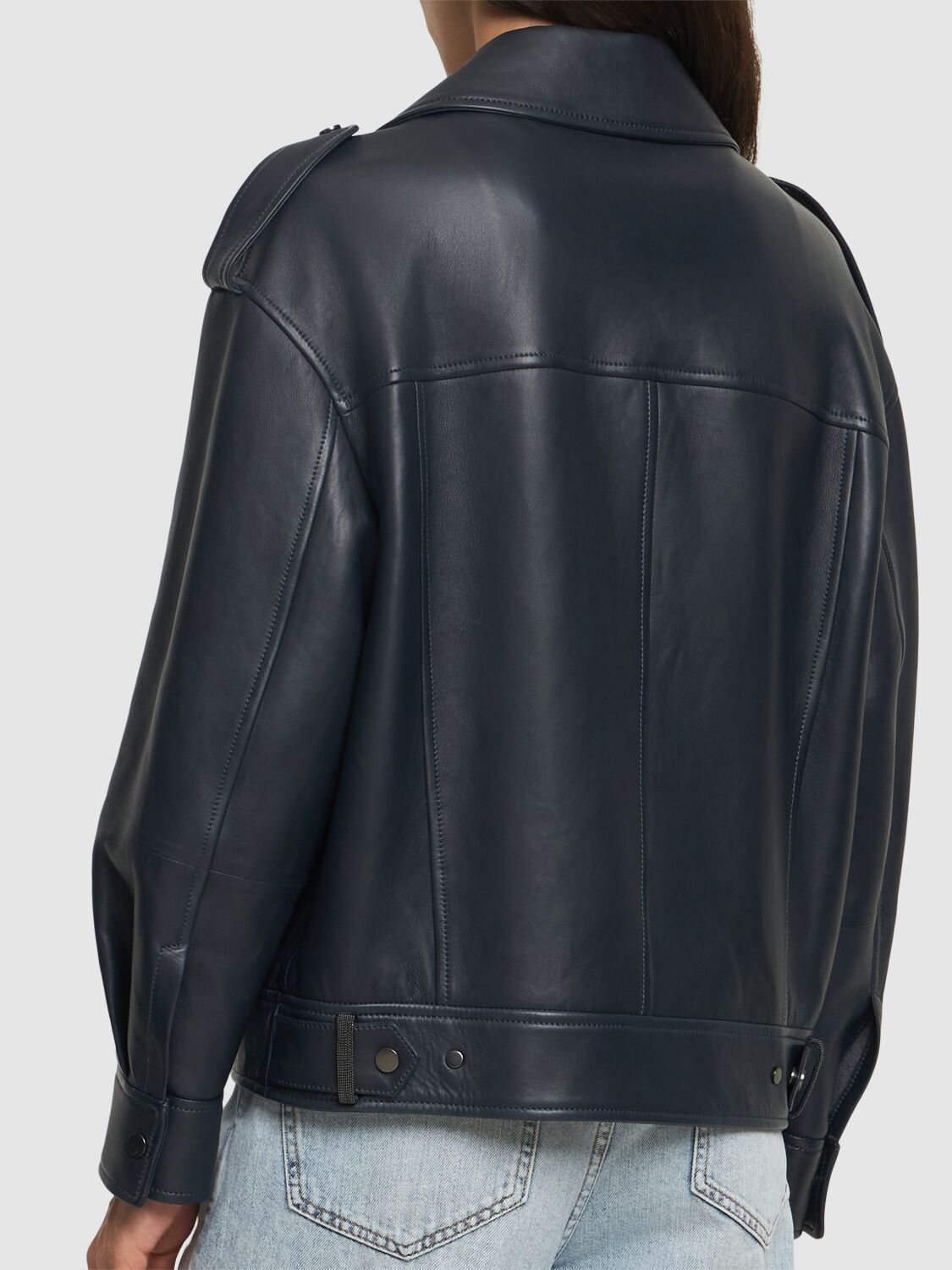 Shop Brunello Cucinelli Leather Biker Jacket In Dark Blue