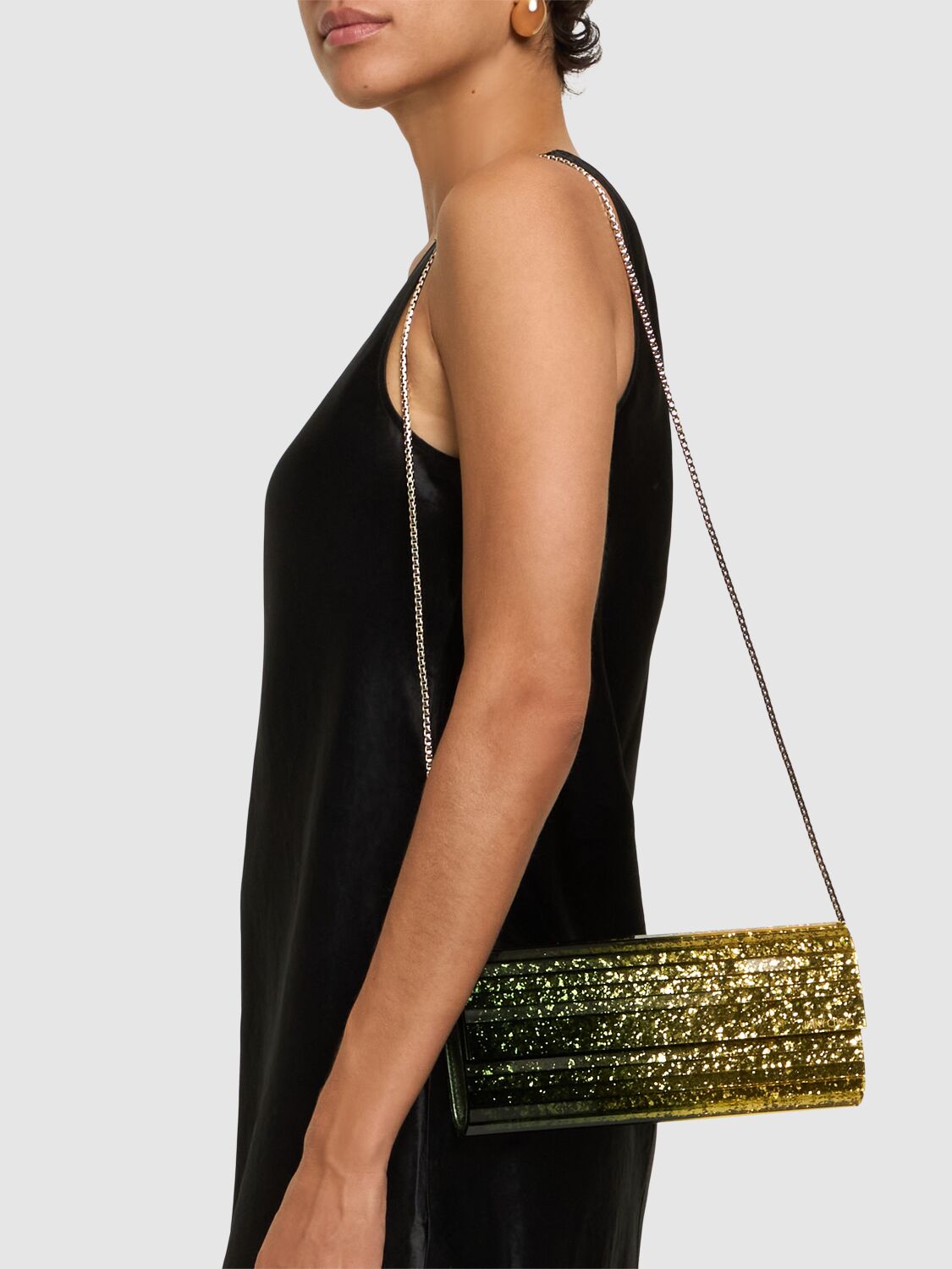 Shop Jimmy Choo Sweetie Glittered Clutch In Canary/matcha