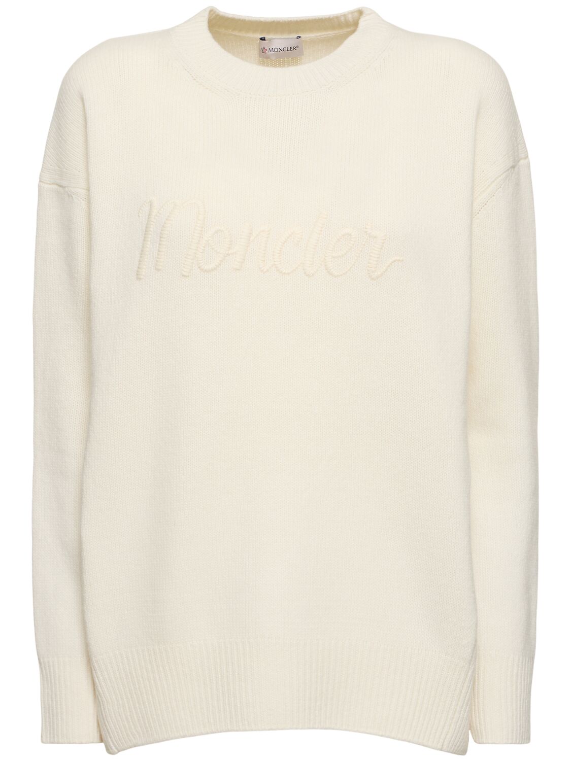 Shop Moncler Beaded Logo Cashmere Blend Sweater In White