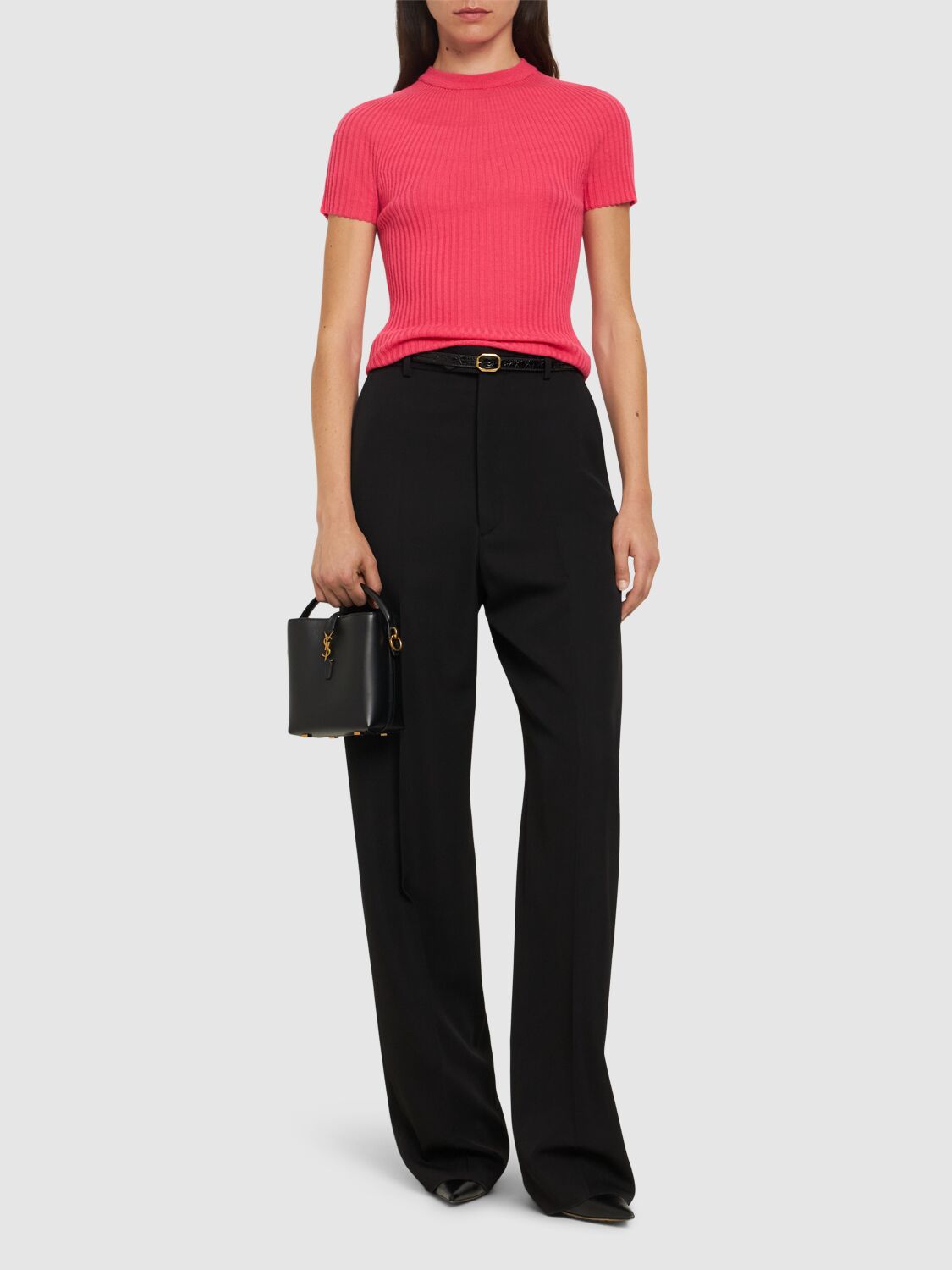 Shop Balmain Rib Knit Wool Short Sleeve Top In Fuchsia