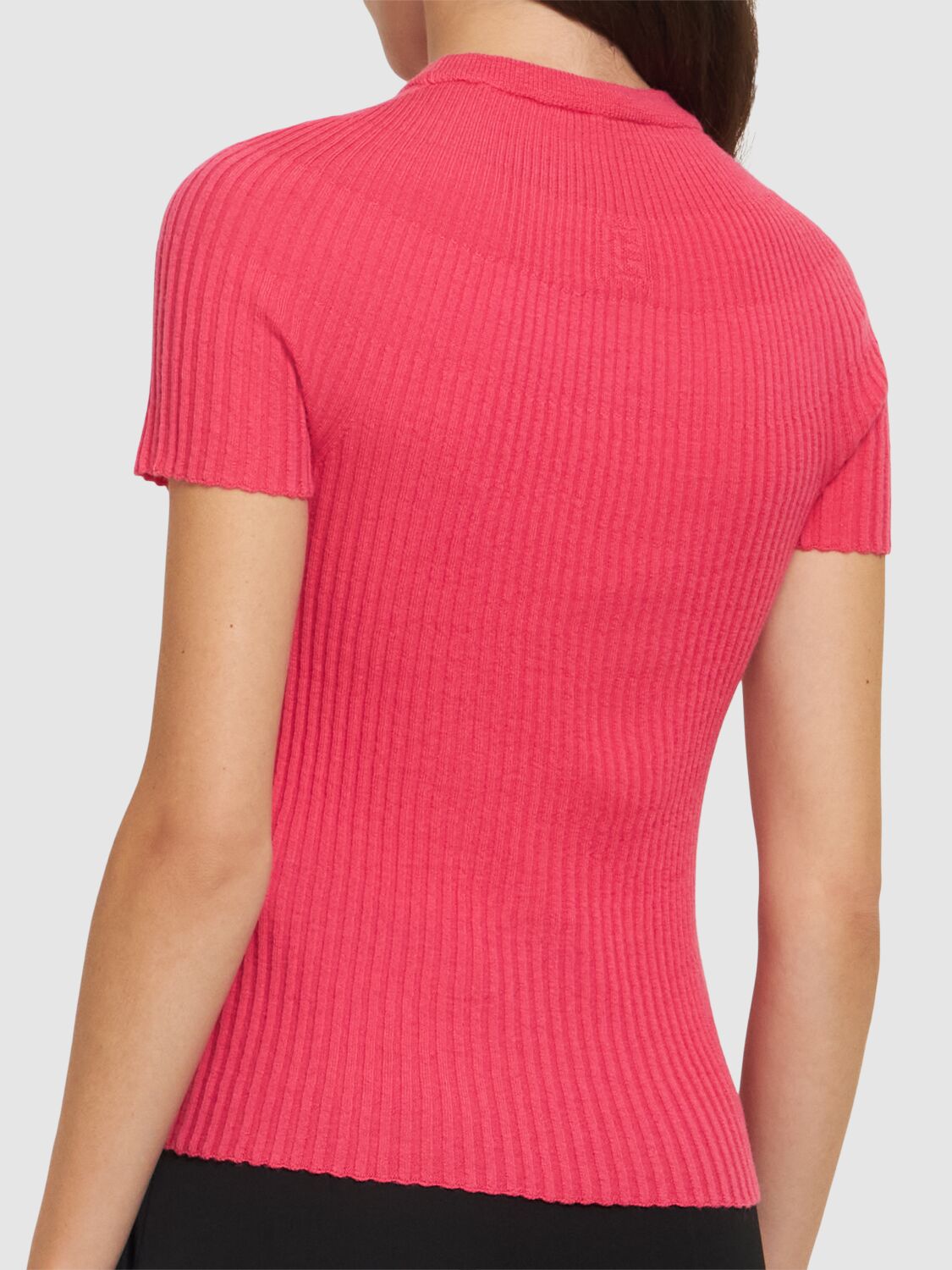 Shop Balmain Rib Knit Wool Short Sleeve Top In Fuchsia