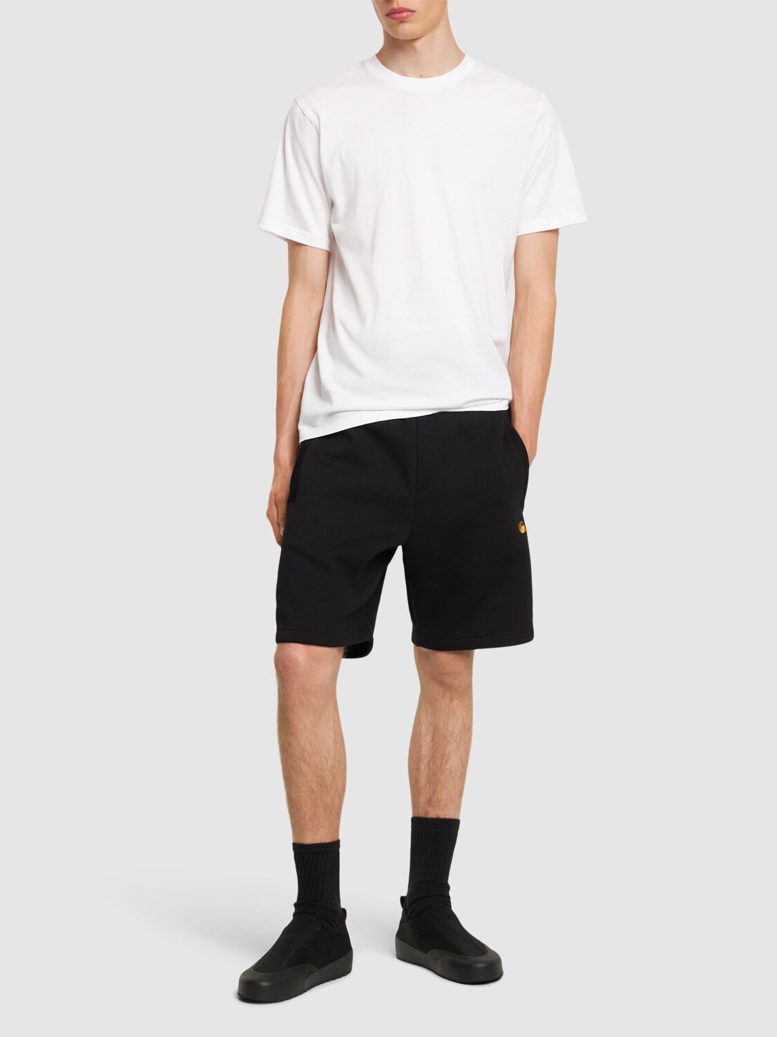 Shop Carhartt Chase Cotton Blend Sweat Shorts In Black,gold