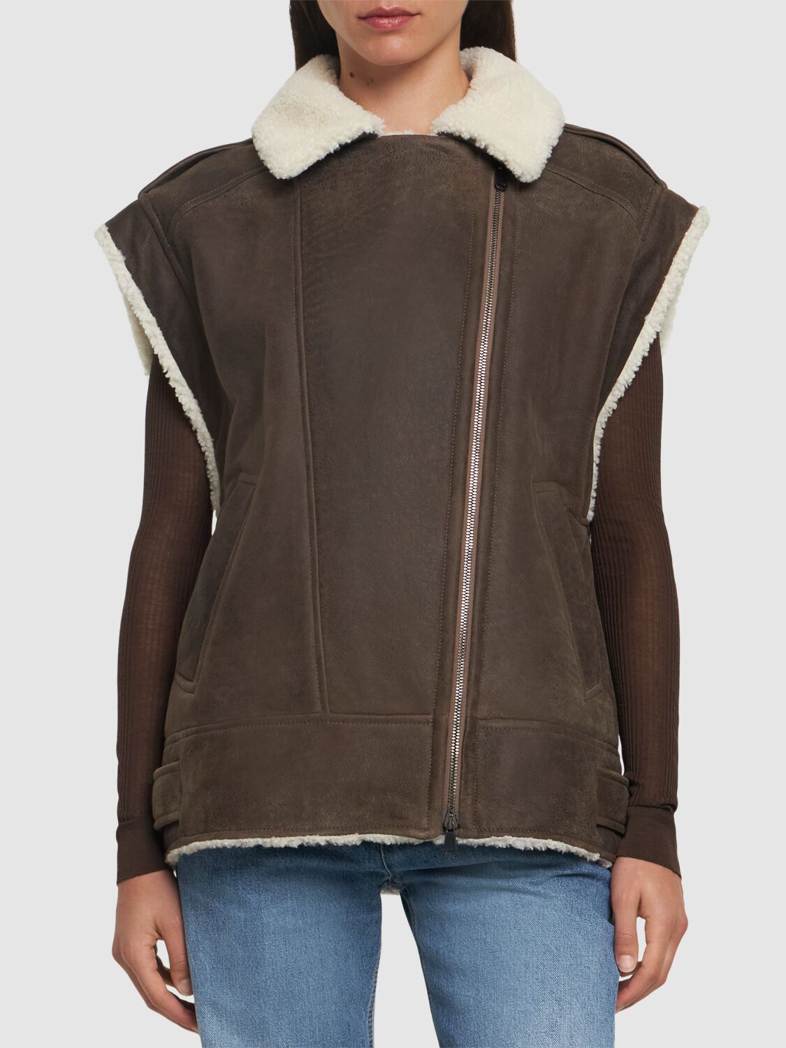 Shop Brunello Cucinelli Suede Shearling Vest In Brown,white