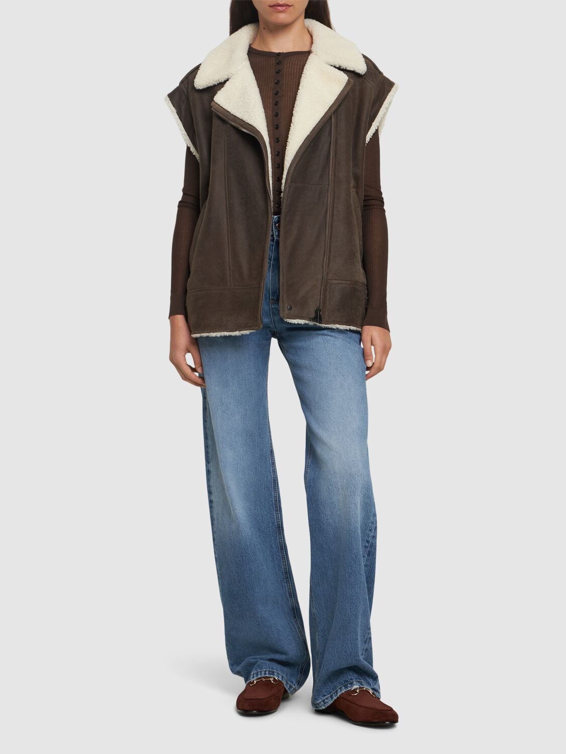 Shop Brunello Cucinelli Suede Shearling Vest In Brown,white