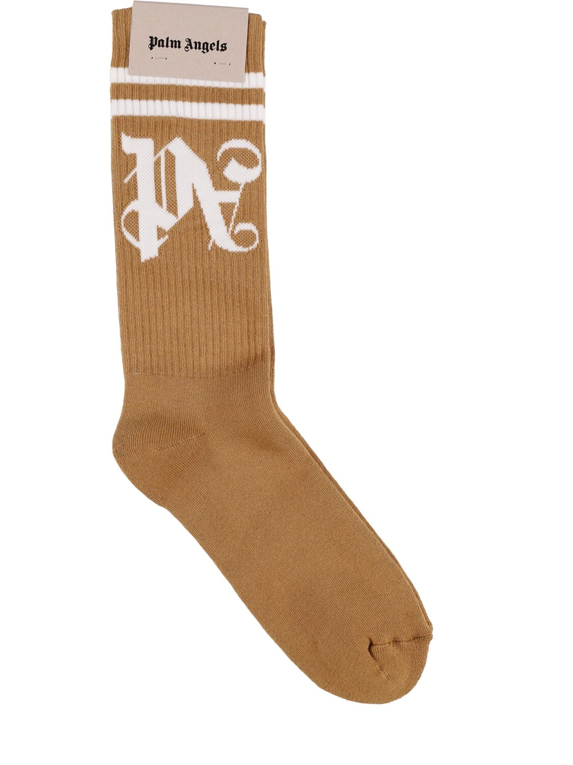 Palm Angels Pa Monogram Striped Cotton Socks In Gold