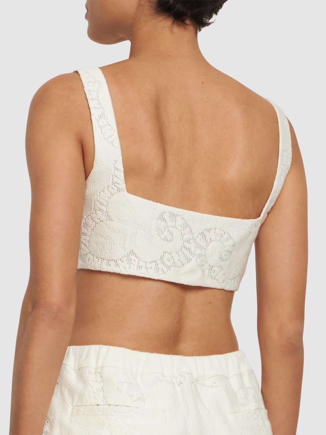 Shop Valentino Cotton Guipure Lace Bandana Crop Top In Ivory