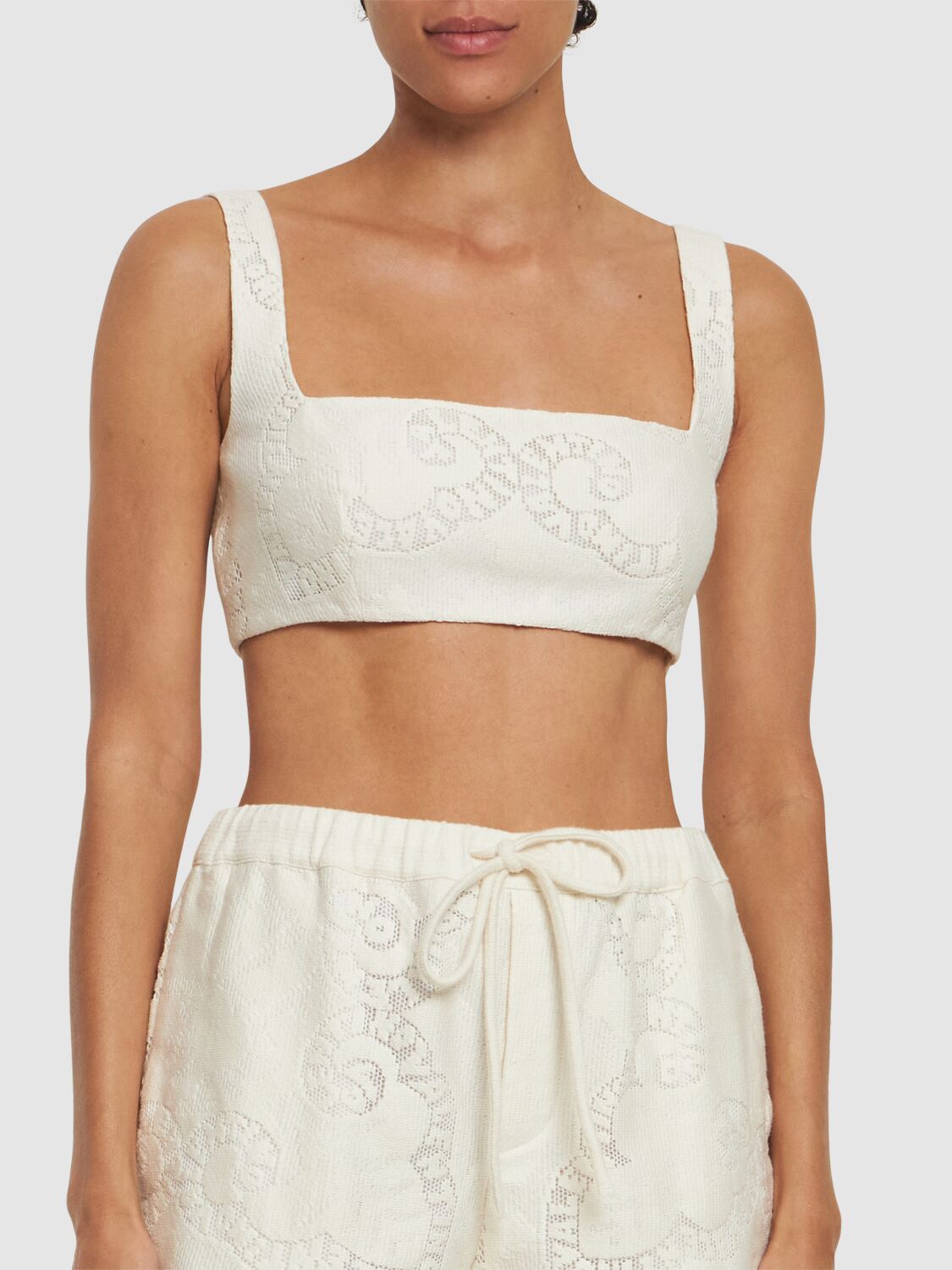 Shop Valentino Cotton Guipure Lace Bandana Crop Top In Ivory
