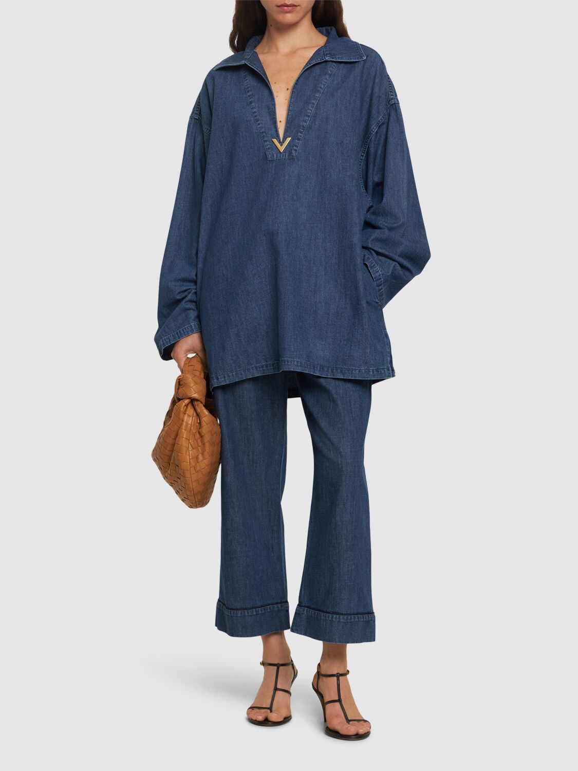 Valentino Vgold Logo Plaque Cut-out Denim Top In Blue